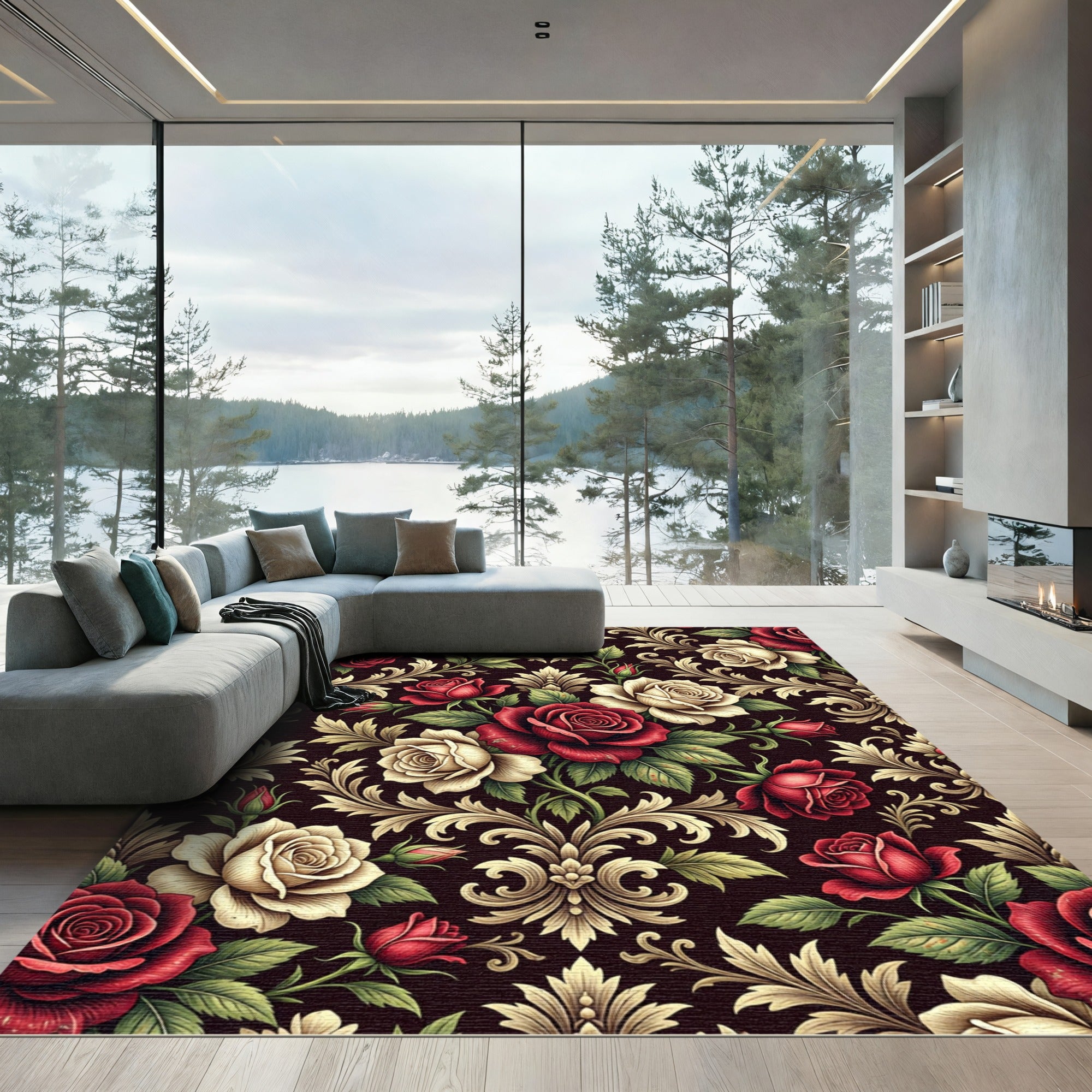 Ornate Red and Cream Rose Scrollwork Rug
