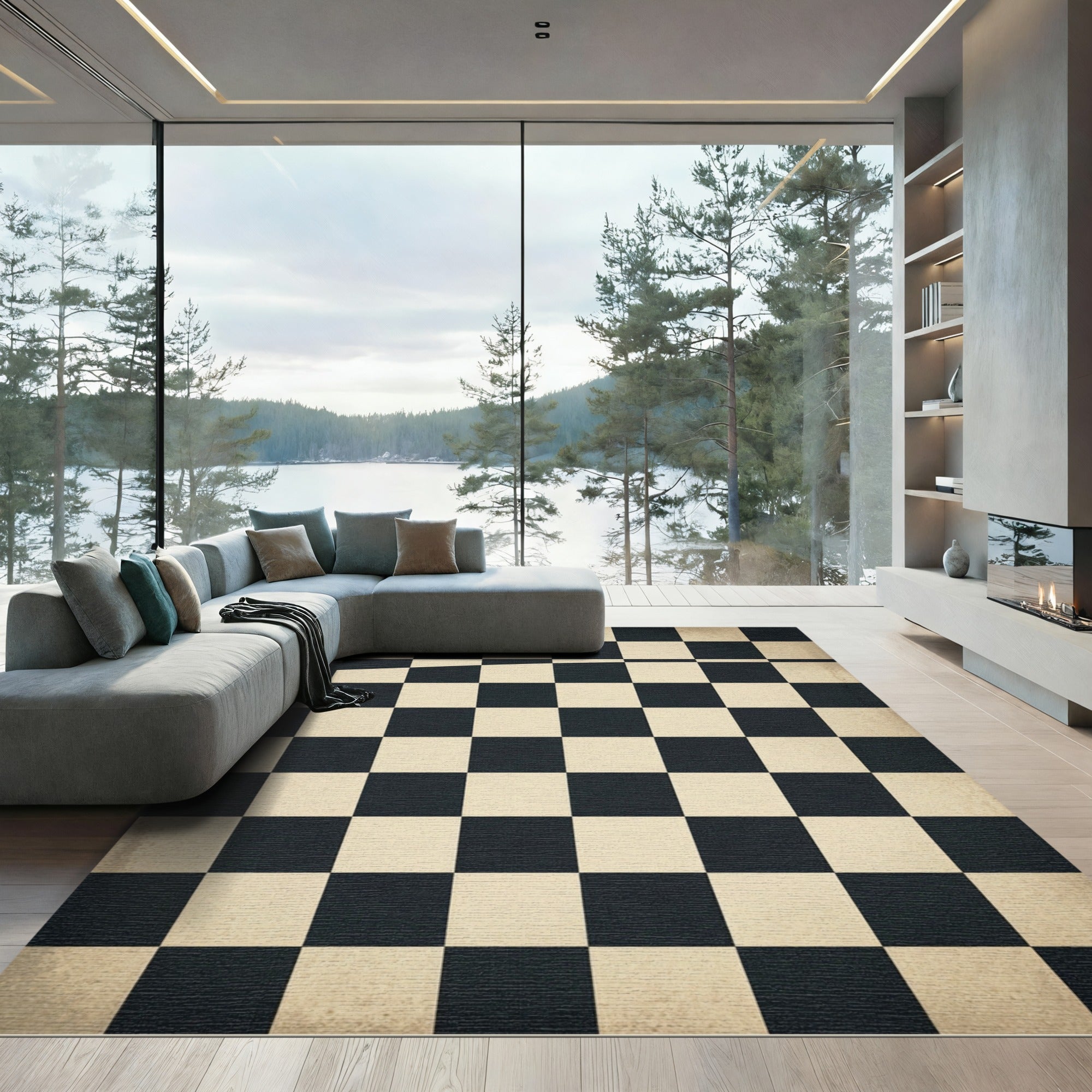 Distressed Monochrome Checkered Grid Minimalist Rug