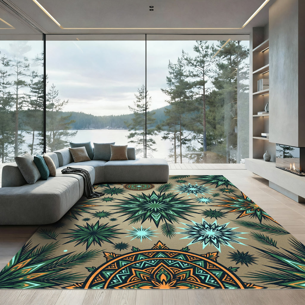 Green Orange Starburst Mandala Rug
