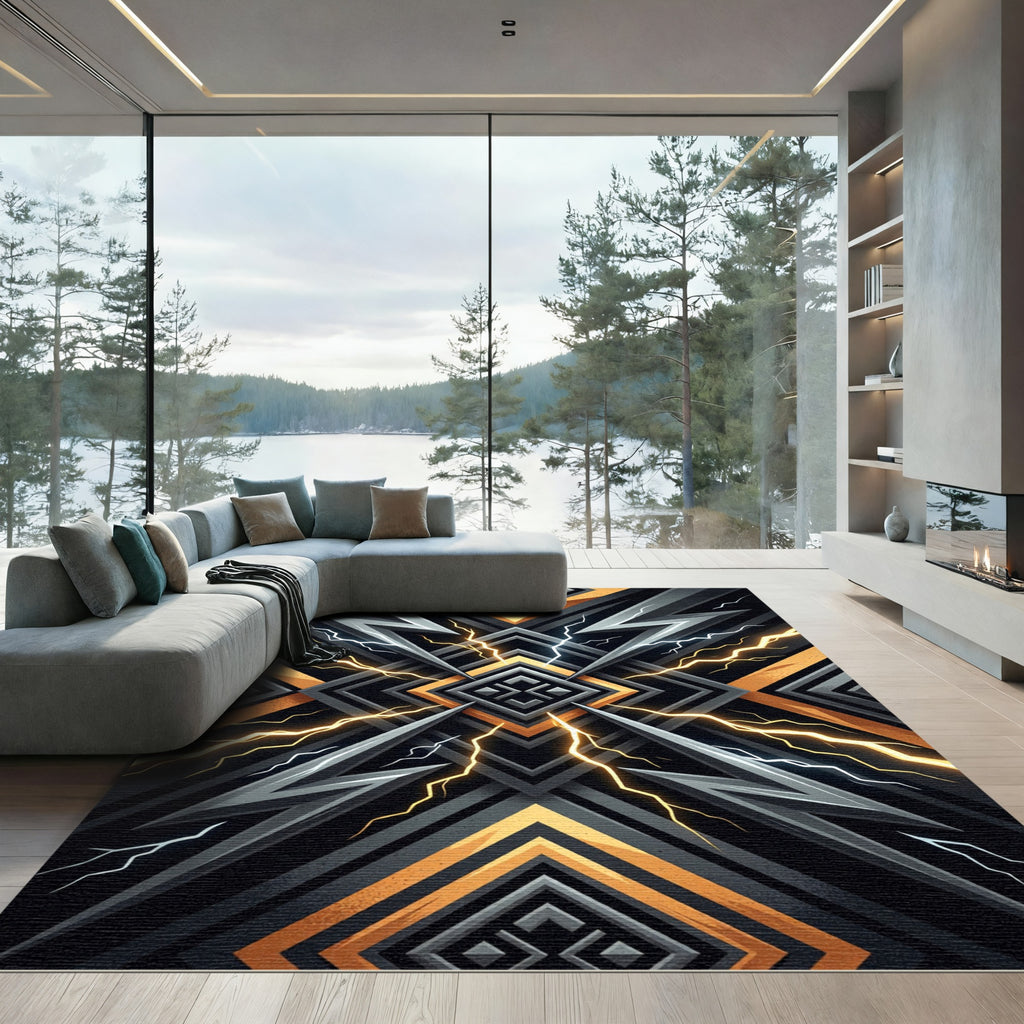 Dynamic Black Gold Lightning Geometric Rug