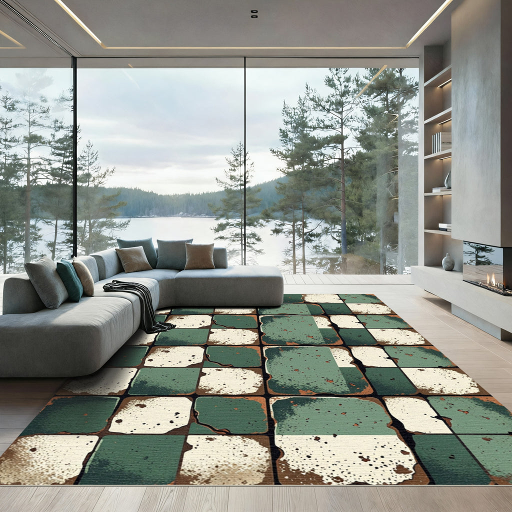 Distressed Sage Green Gingham Grid Block Rug