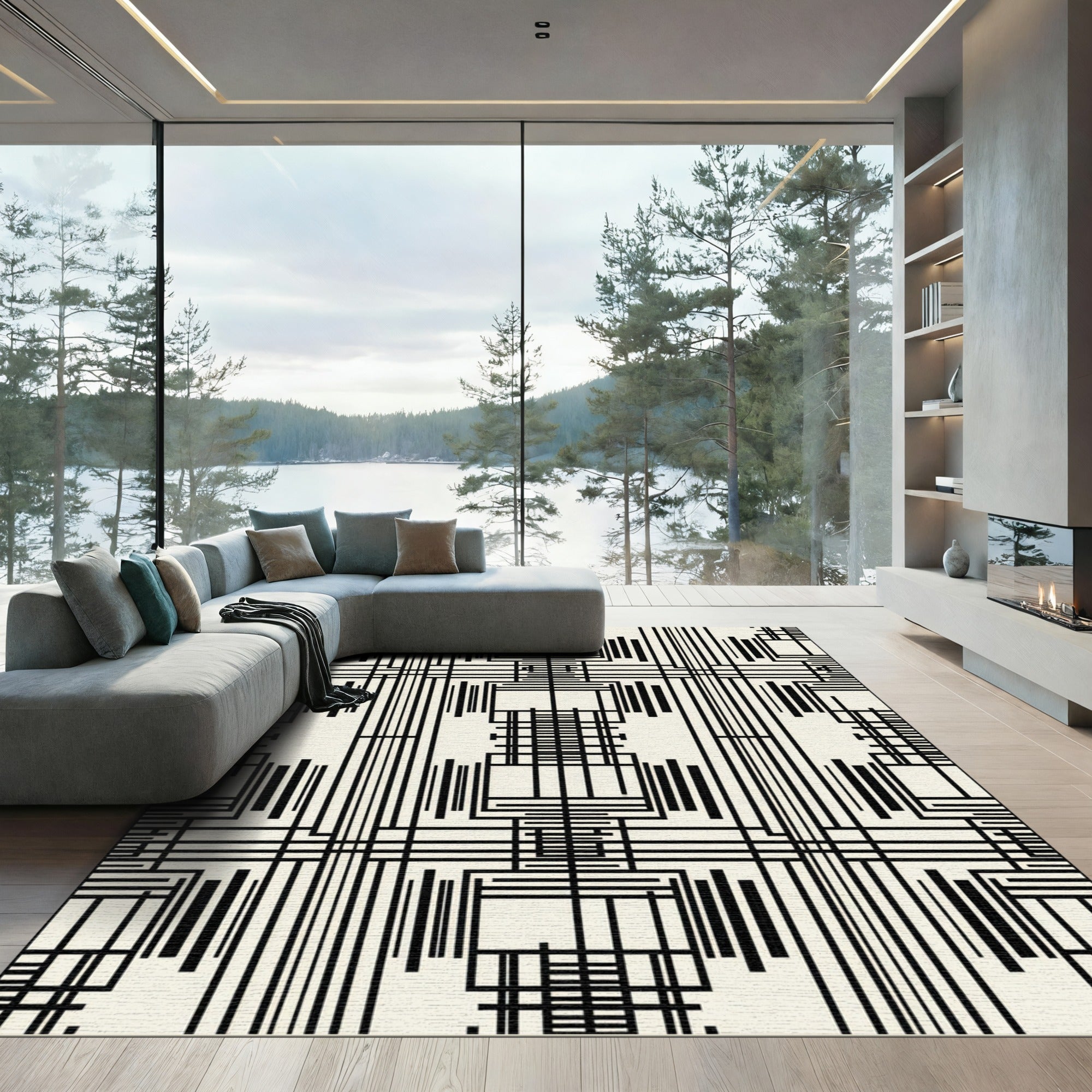 Black White Linear Grid Composition Rug