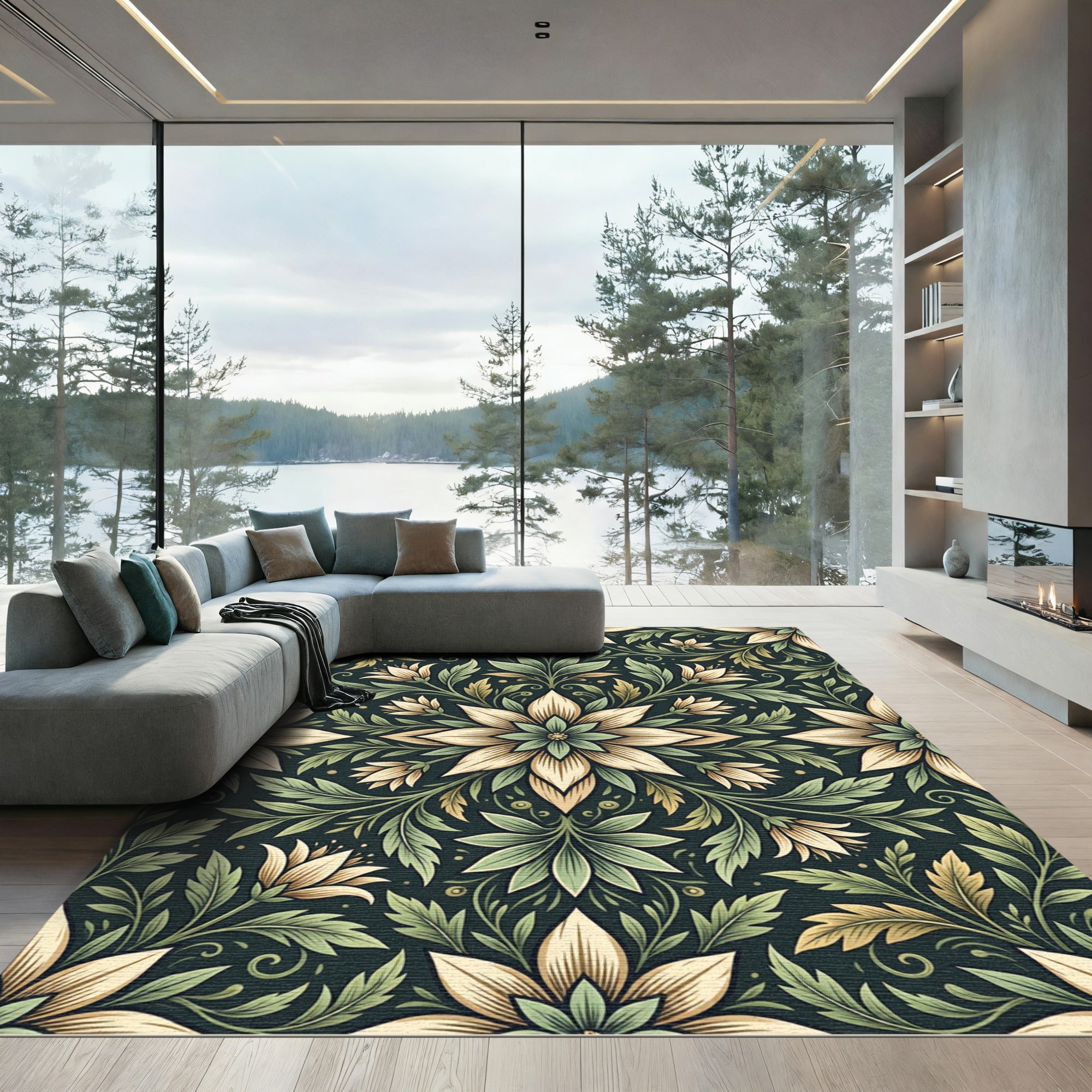 Sage and Cream Botanical Floral Medallion Rug