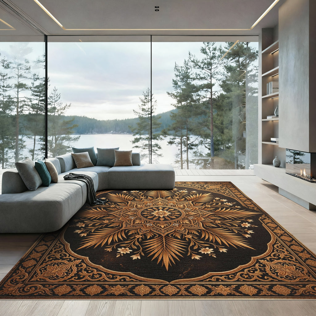 Ornate Gold Floral Mandala Frame Rug