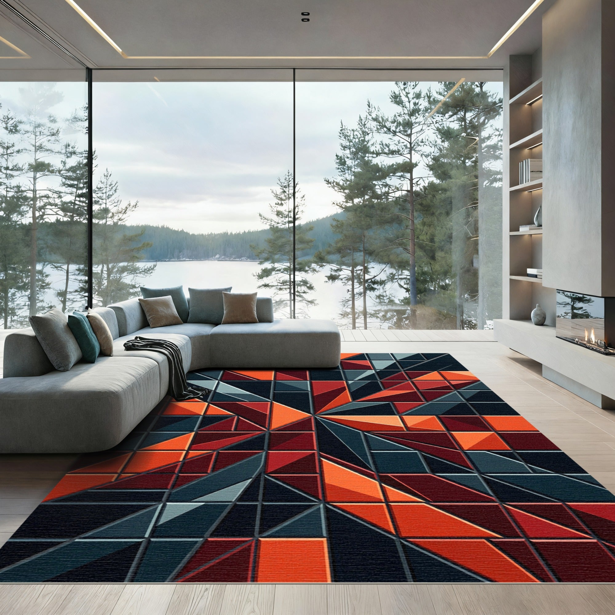 Modern Geometric Crimson Abstract Grid Rug