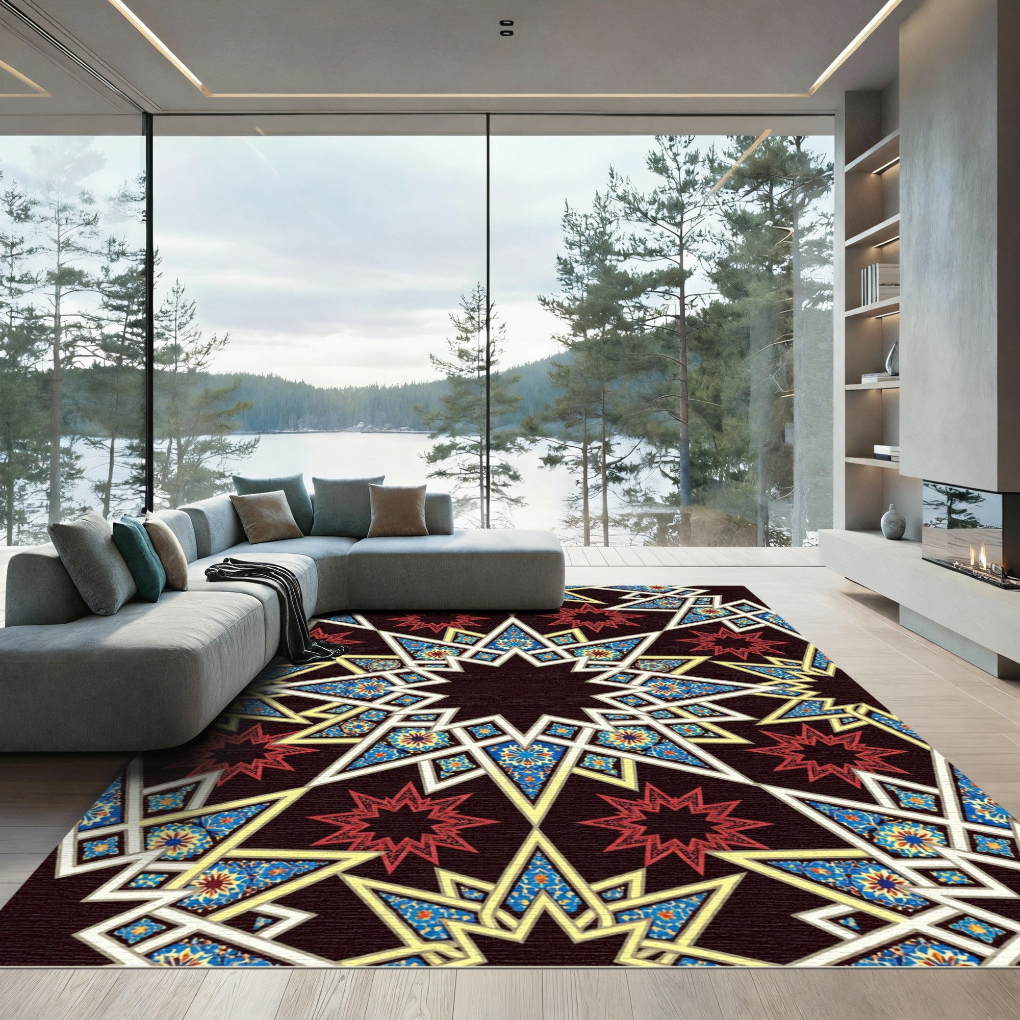 Intricate Red Blue Starburst Geometric Rug