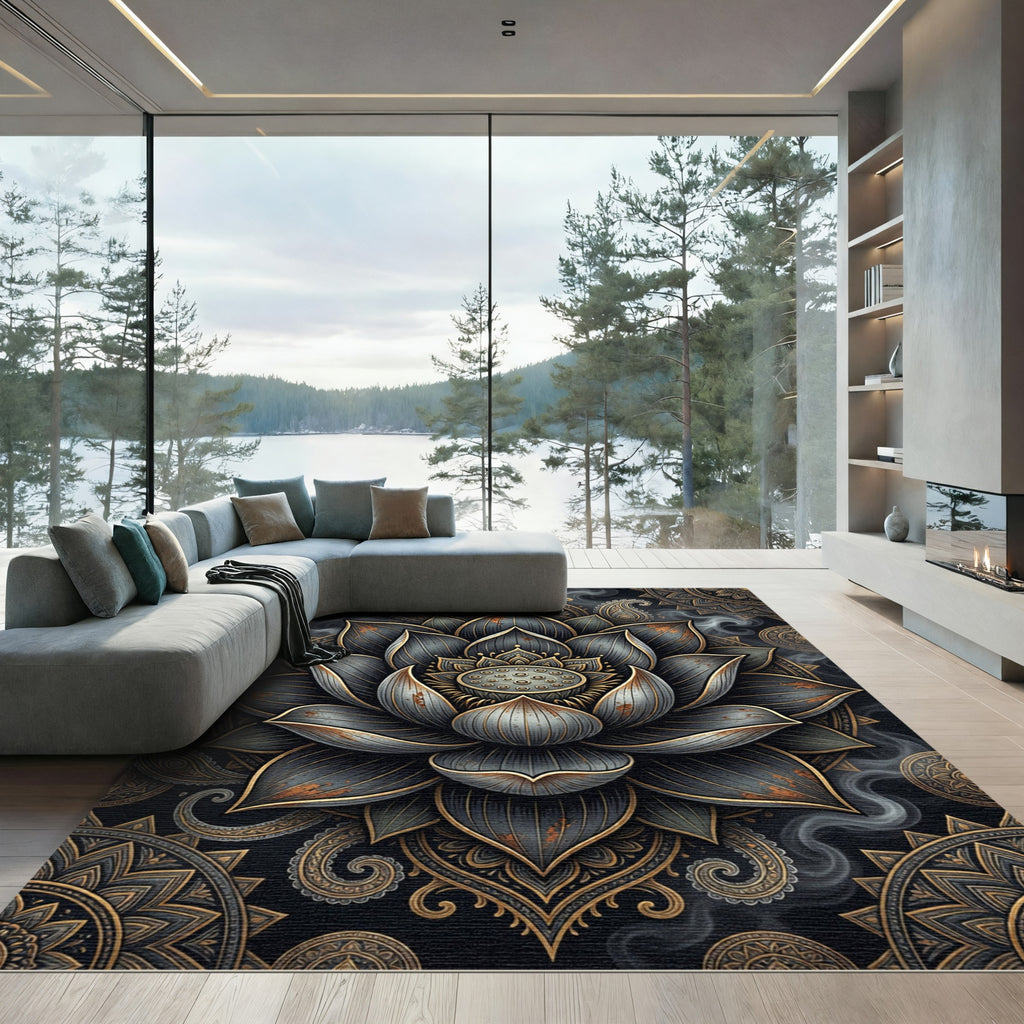 Metallic Charcoal Gold Lotus Mandala Rug