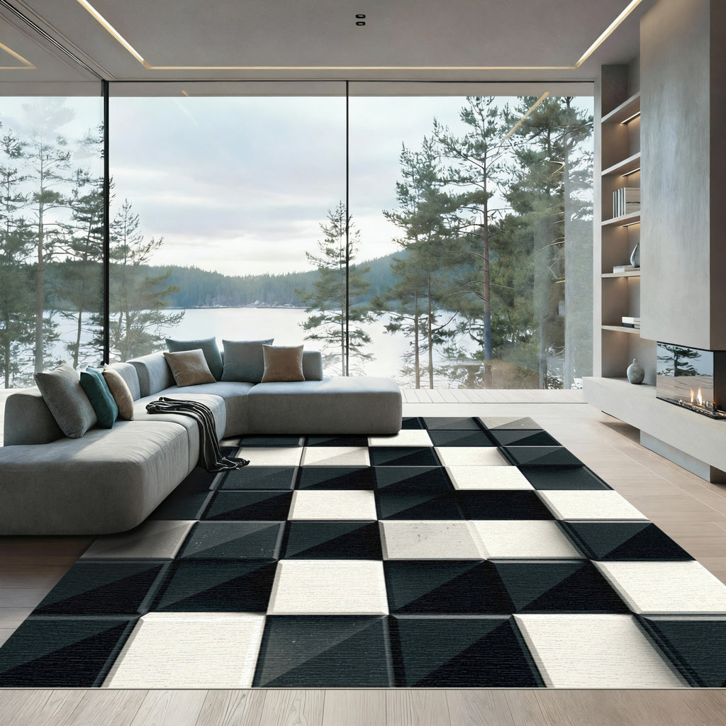 Monochrome Square Illusion Tile Rug