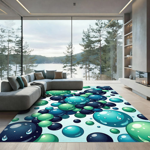 Aqua Teal and Navy Floating Spheres Rug