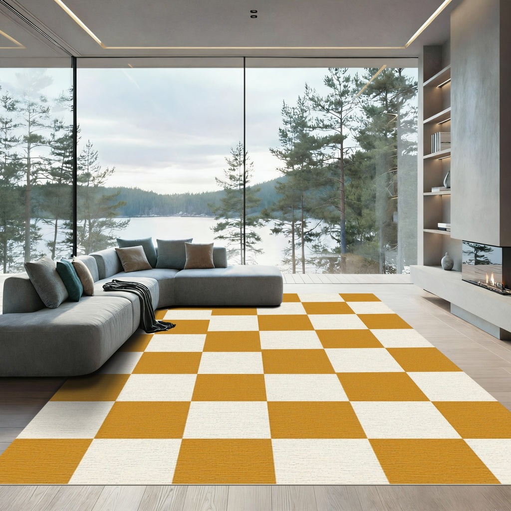Golden Ochre White Checkerboard Squares Rug