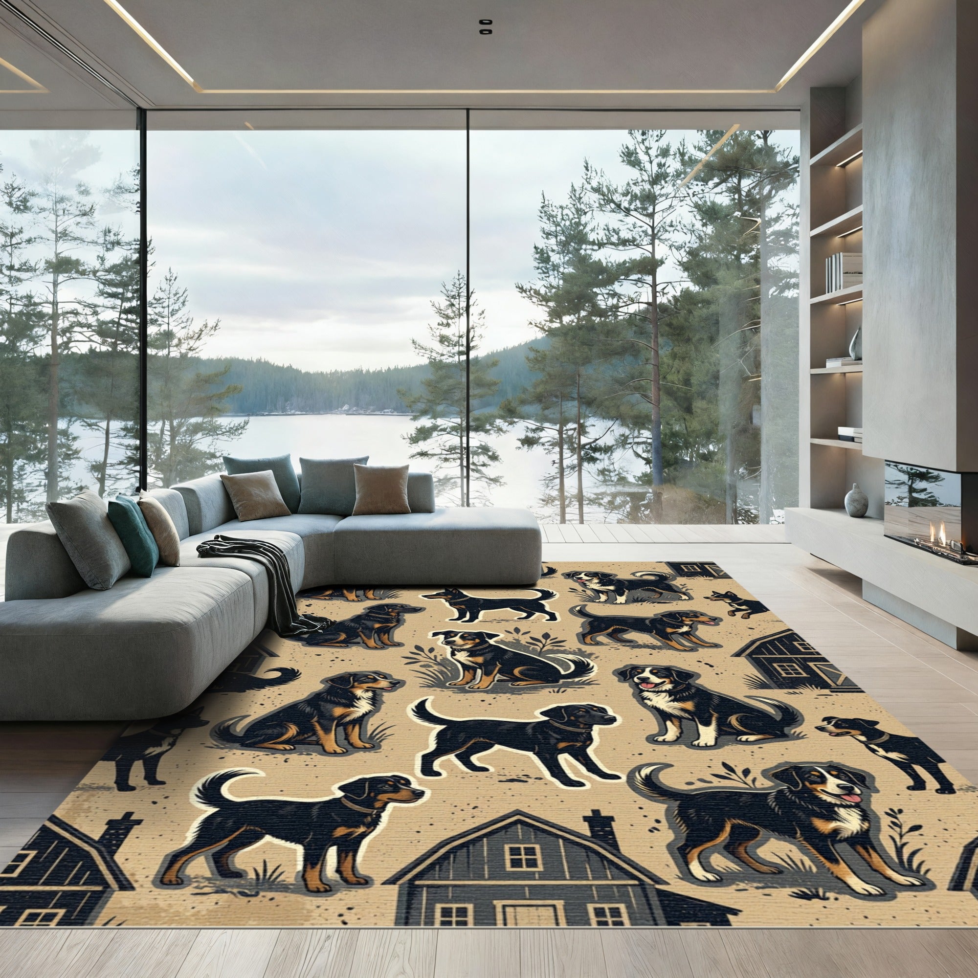 Farmhouse Black Dog Tan Meadow Illustration Rug