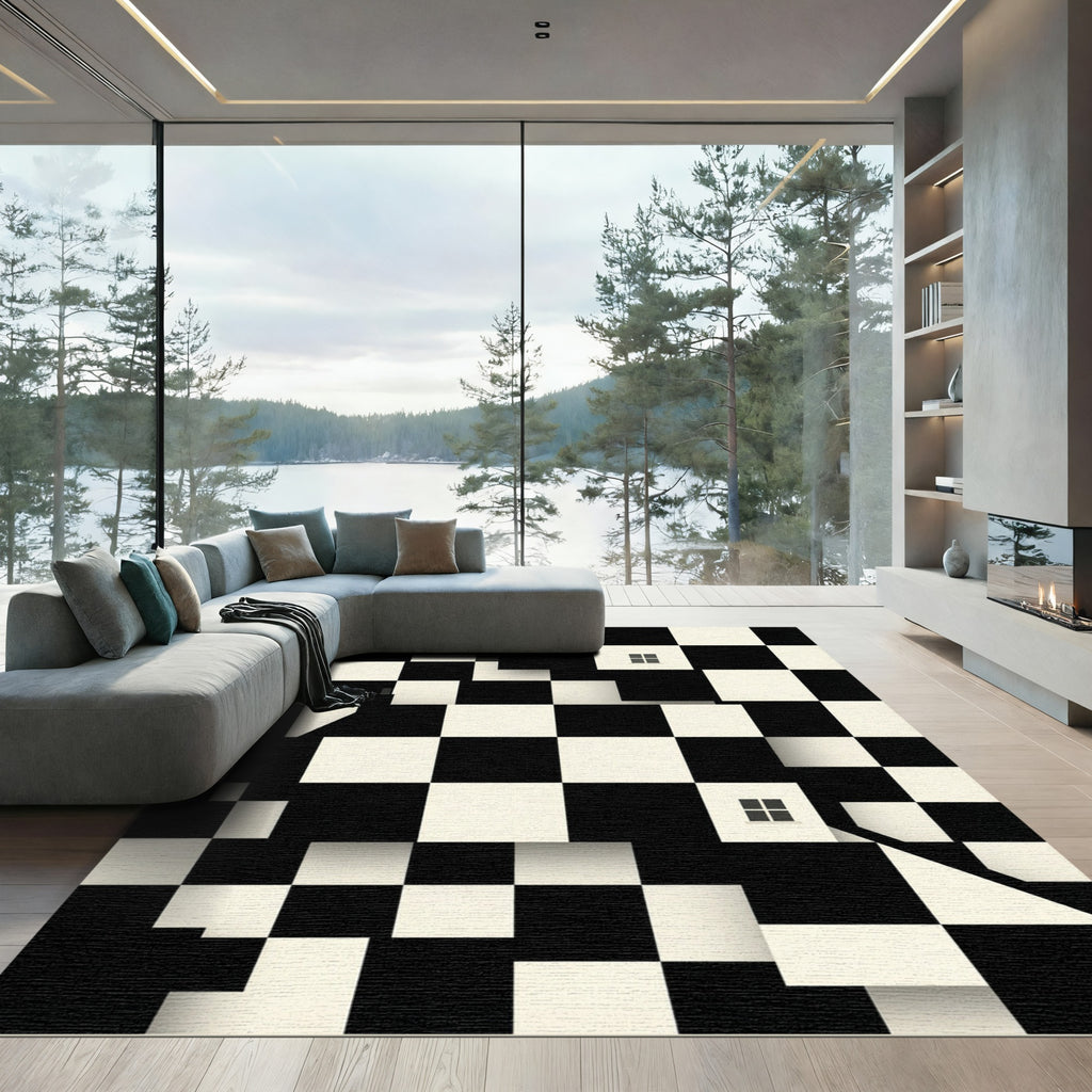 Modern Monochrome Geometric Architectural Grid Rug