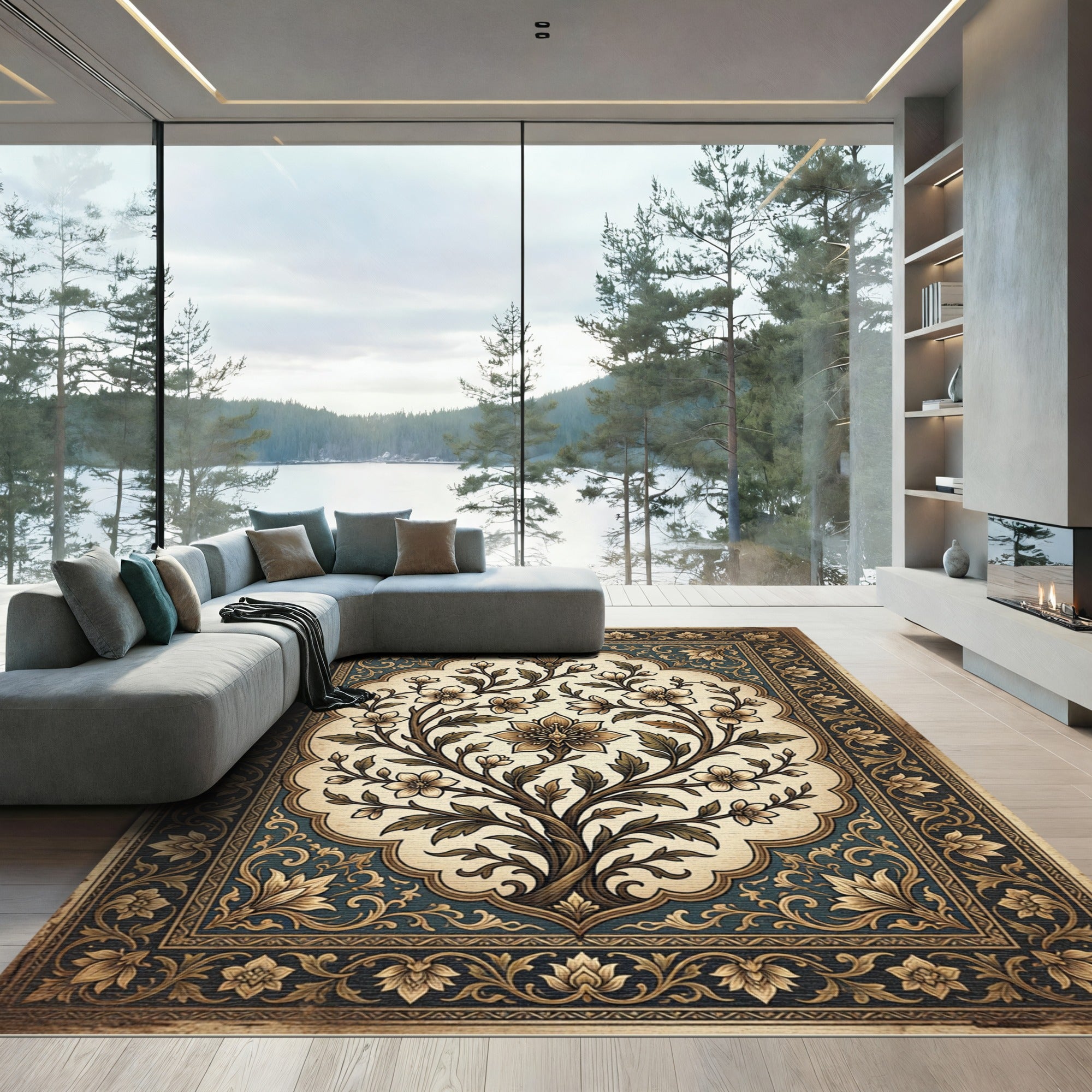 Golden Laurel Tree In Blue Border Rug