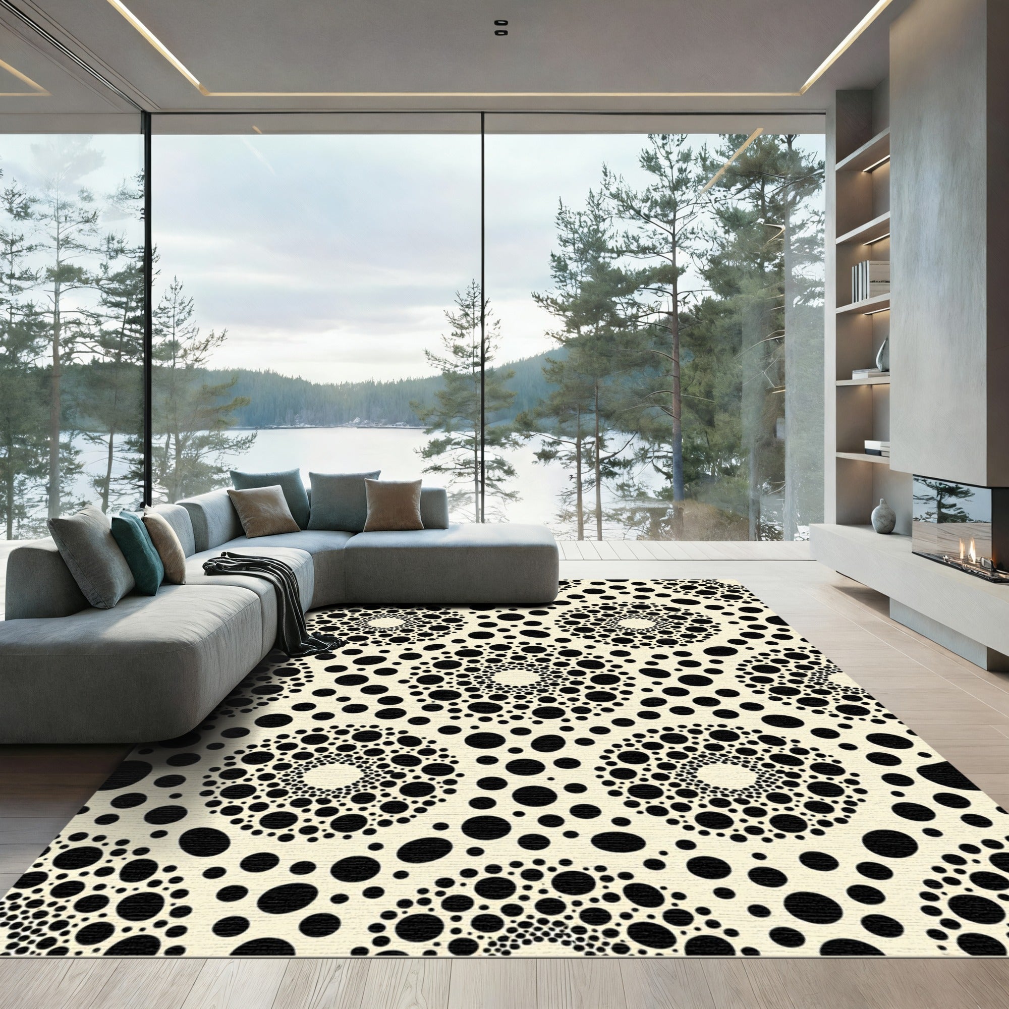 Monochrome Dot Mandala Geometric Rug