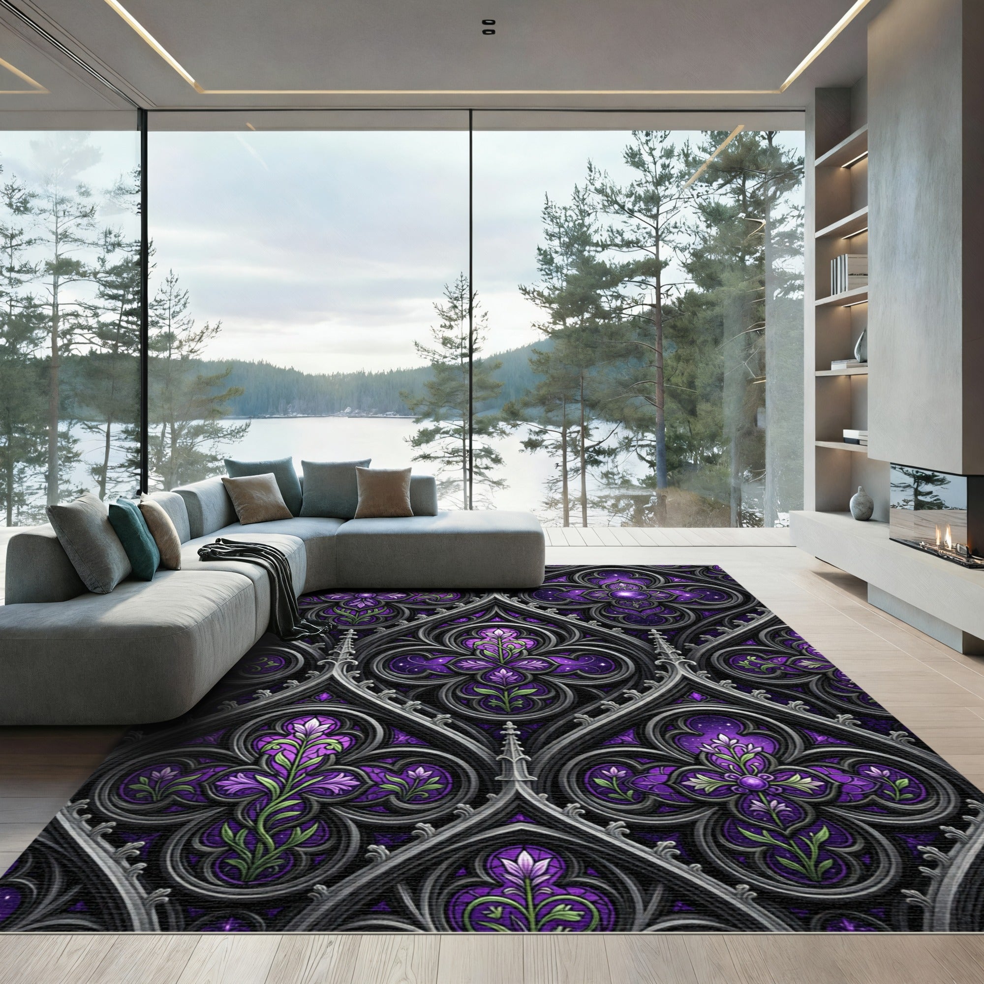 Gothic Purple Floral Stained Glass Rug