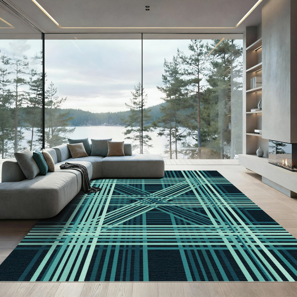Deep Teal Geometric Intersecting Lines Rug