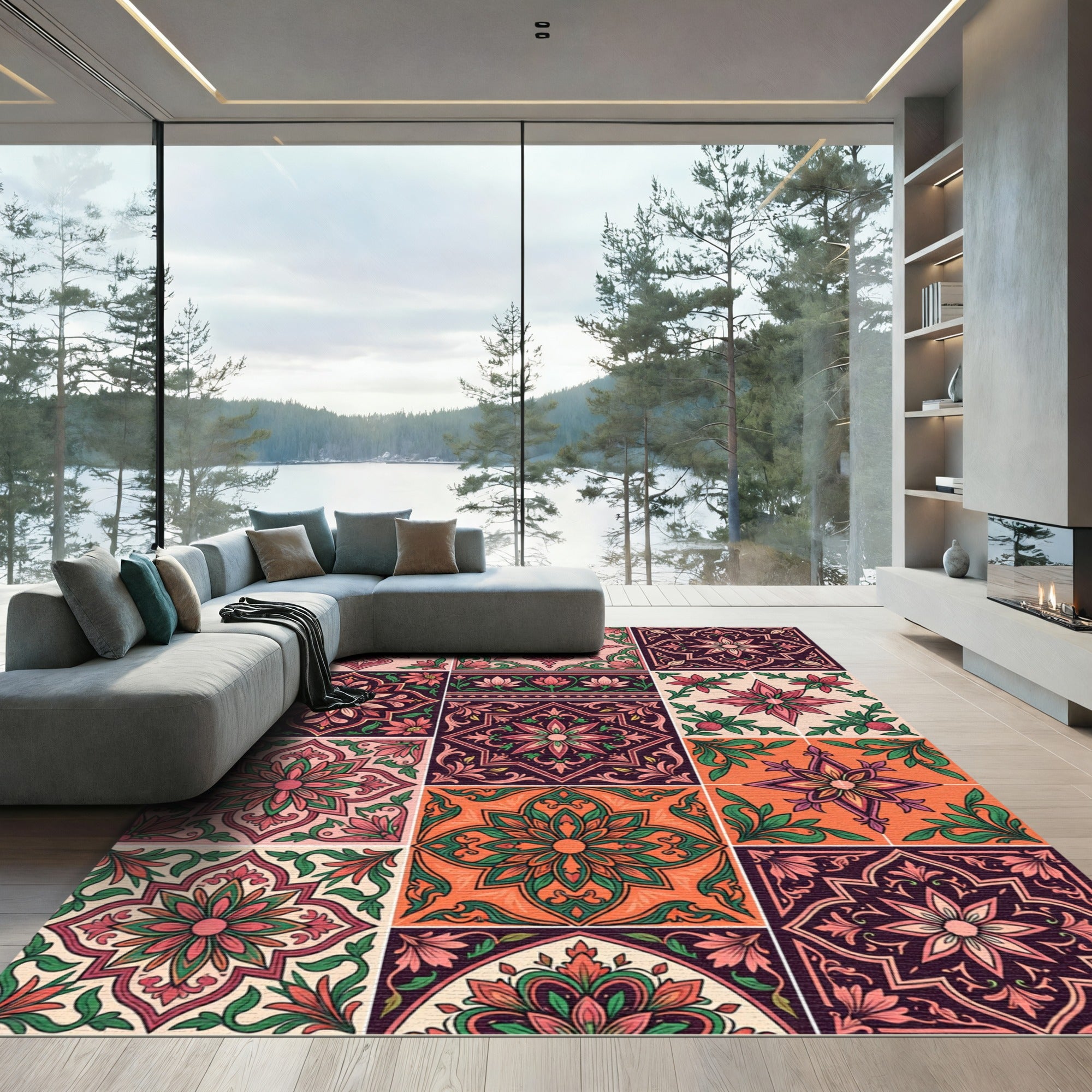 Vibrant Floral Tile Collection Rug