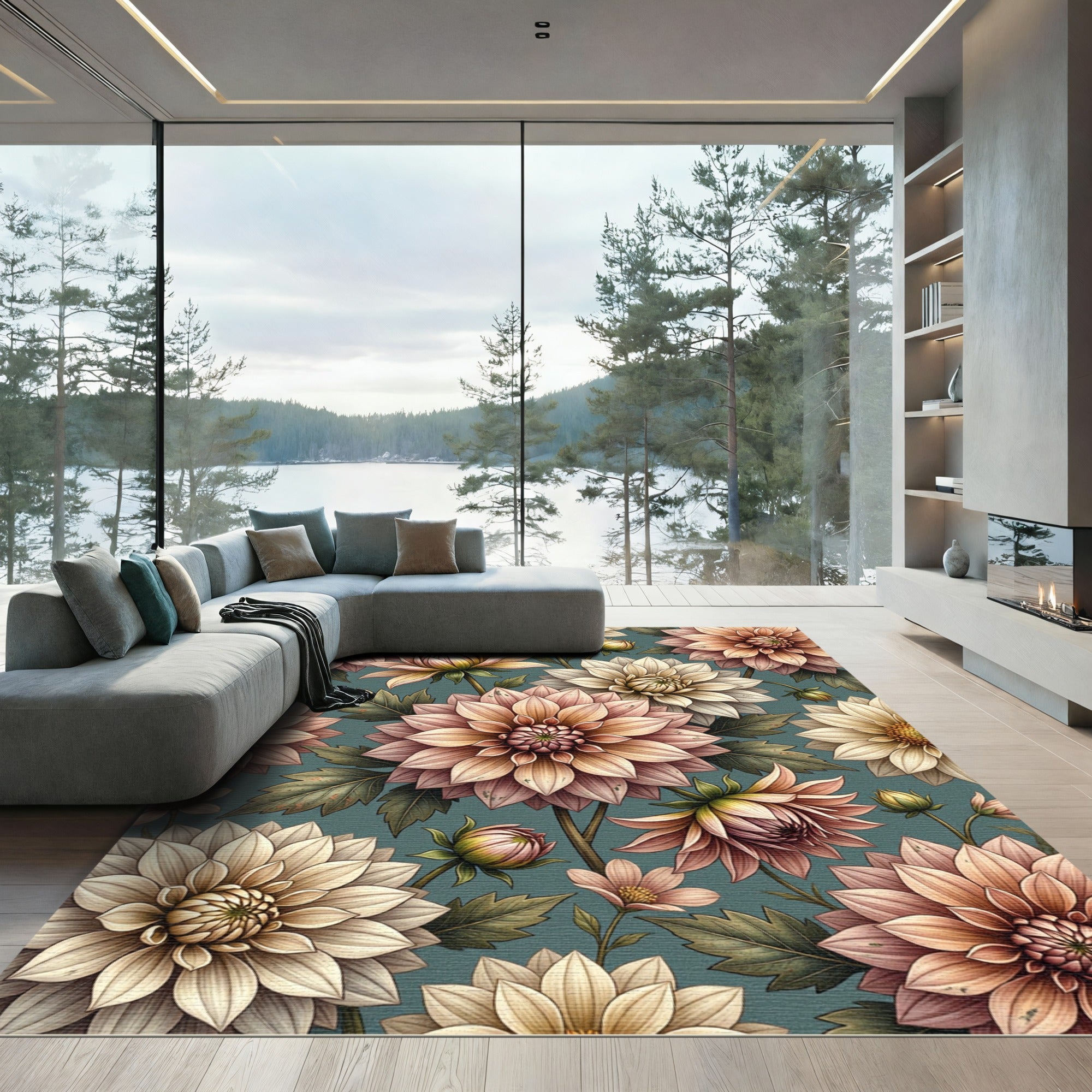 Peachy Blush Dahlias Teal Floral Rug