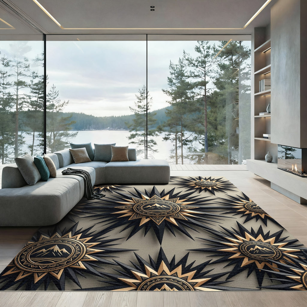 Celestial Gold and Black Starry Mountain Rug