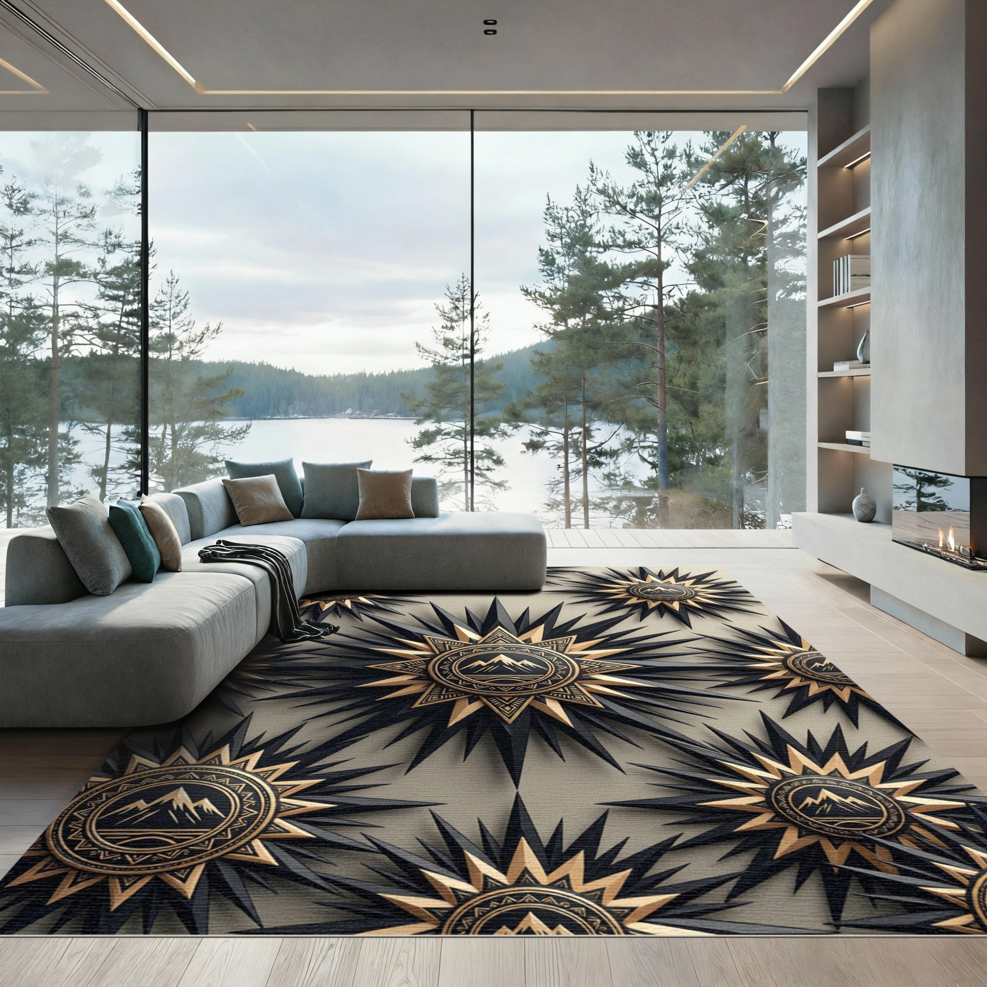 Celestial Gold and Black Starry Mountain Rug