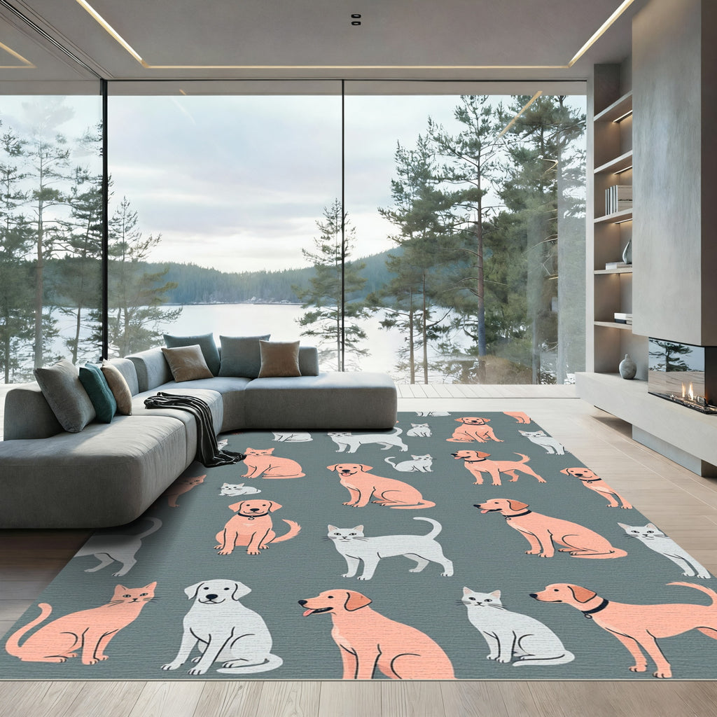 Playful Minimalist Cats and Dogs Illustration Rug