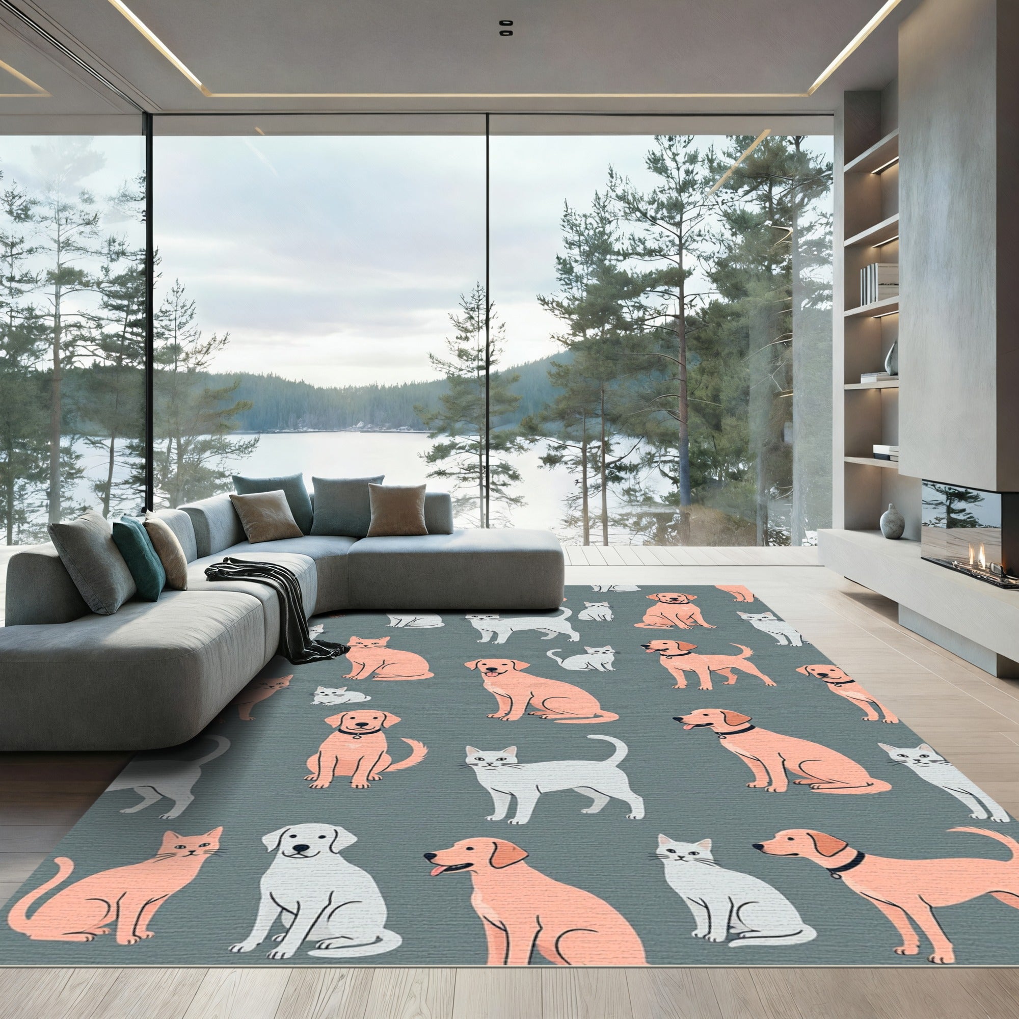Playful Minimalist Cats and Dogs Illustration Rug