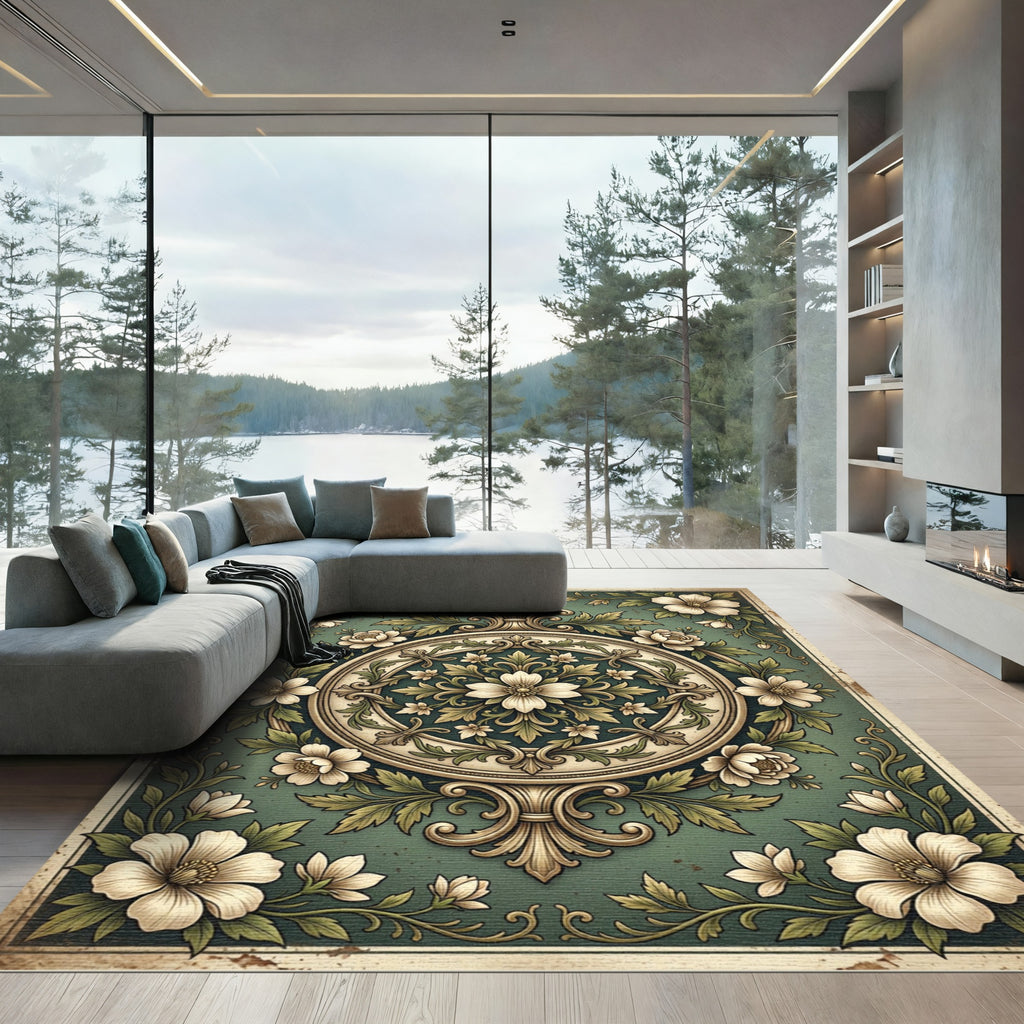 Vintage Sage Floral Medallion Scroll Rug
