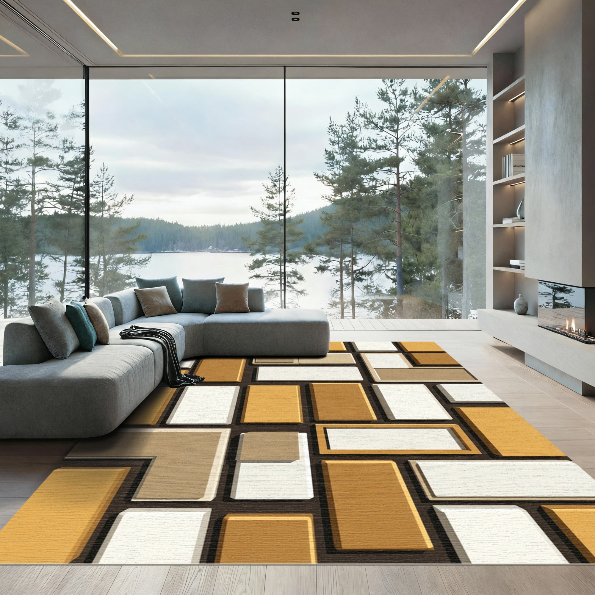 Modern Ochre Geometric Rectangles Rug