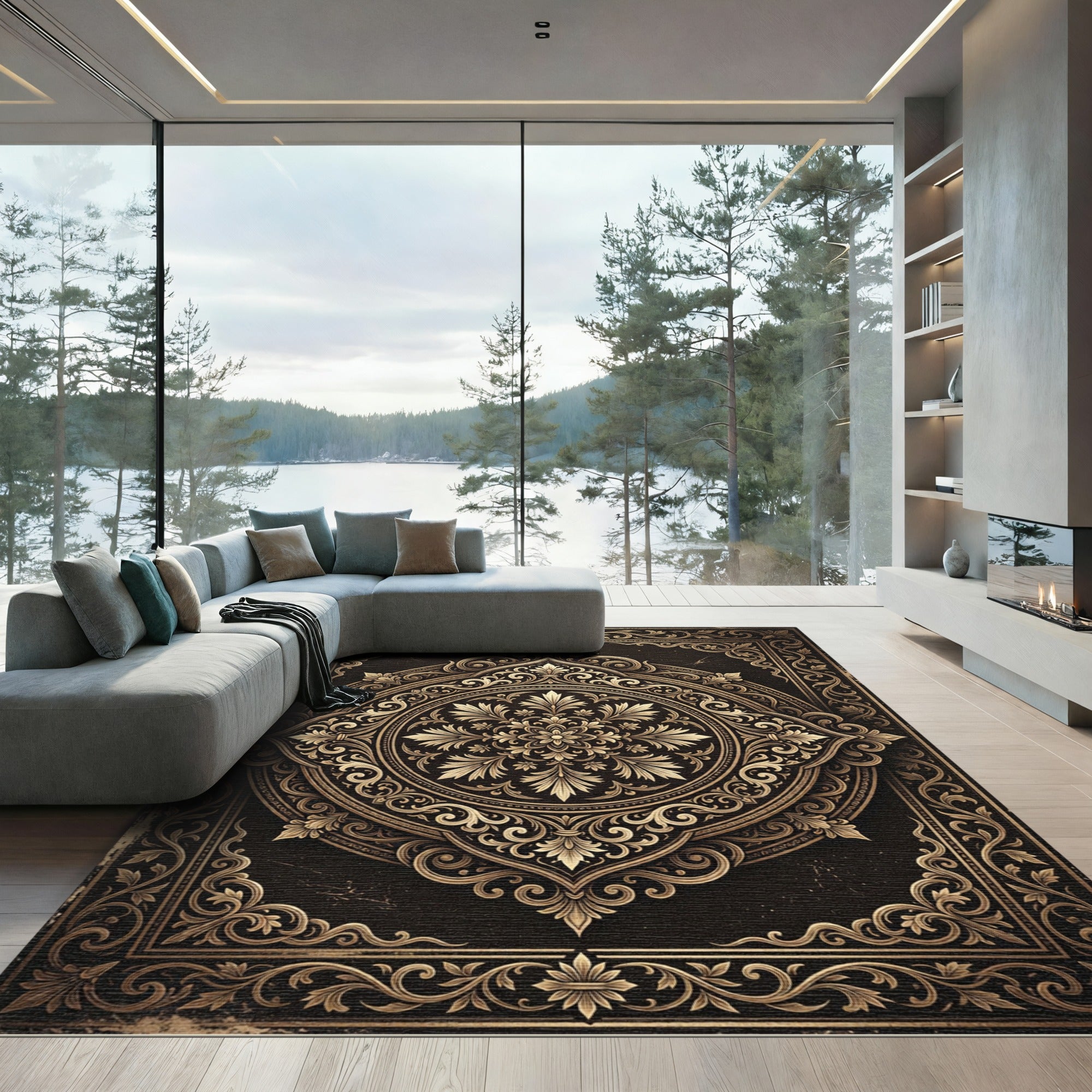 Ornate Gold Filigree Damask Medallion Rug
