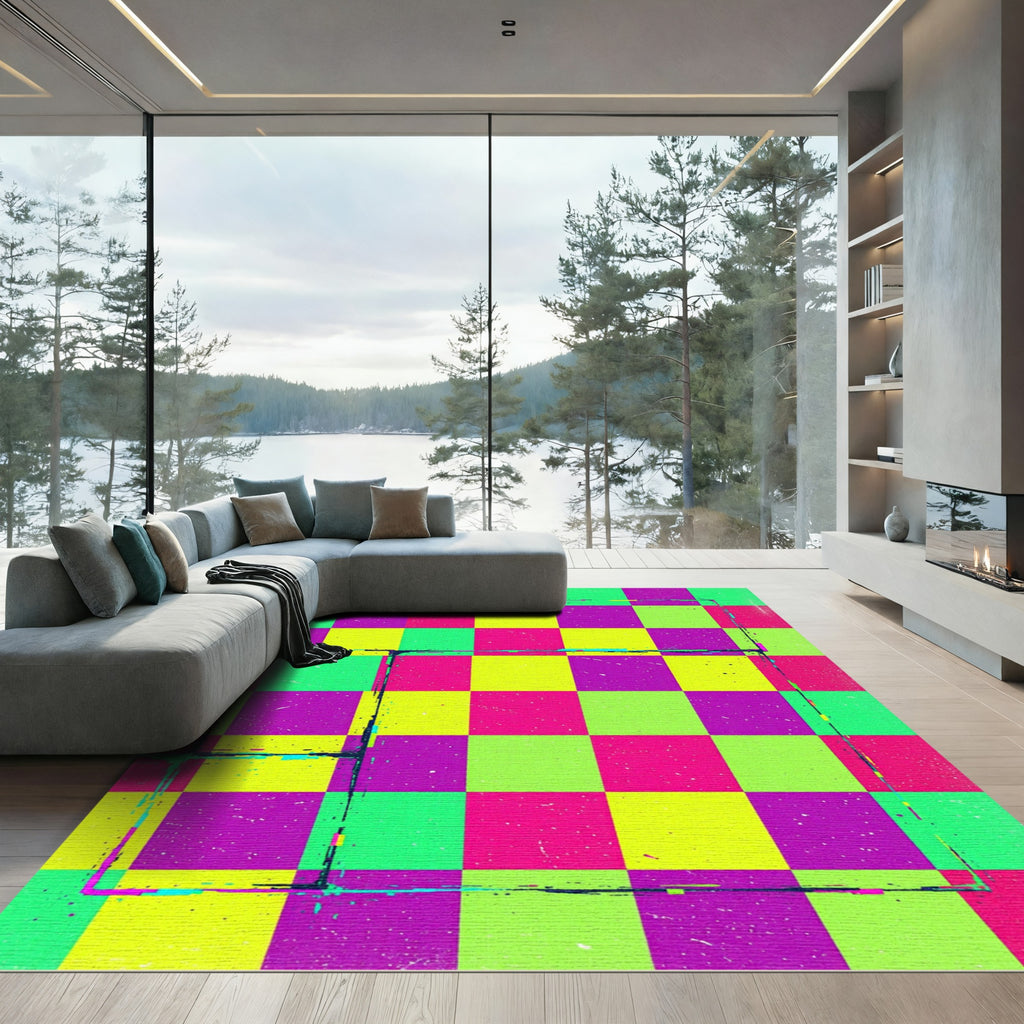 Vibrant Neon Checkerboard Pop Art Rug