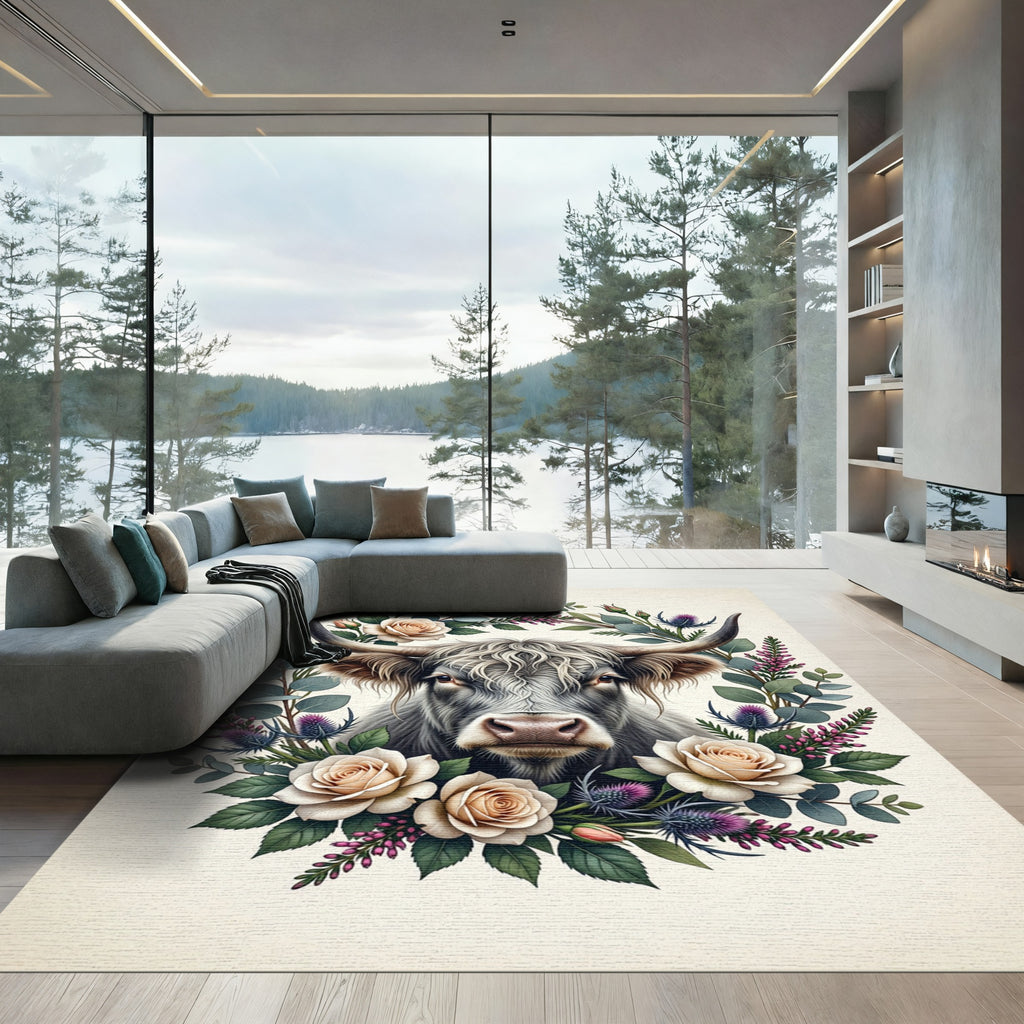 Highland Cow Floral Botanical Wreath Rug