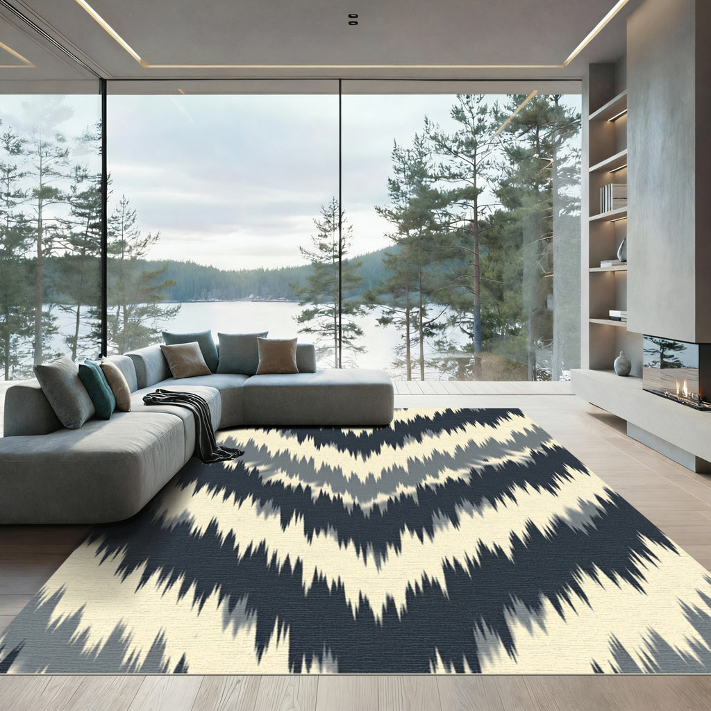 Charcoal and Cream Chevron Ikat Rug