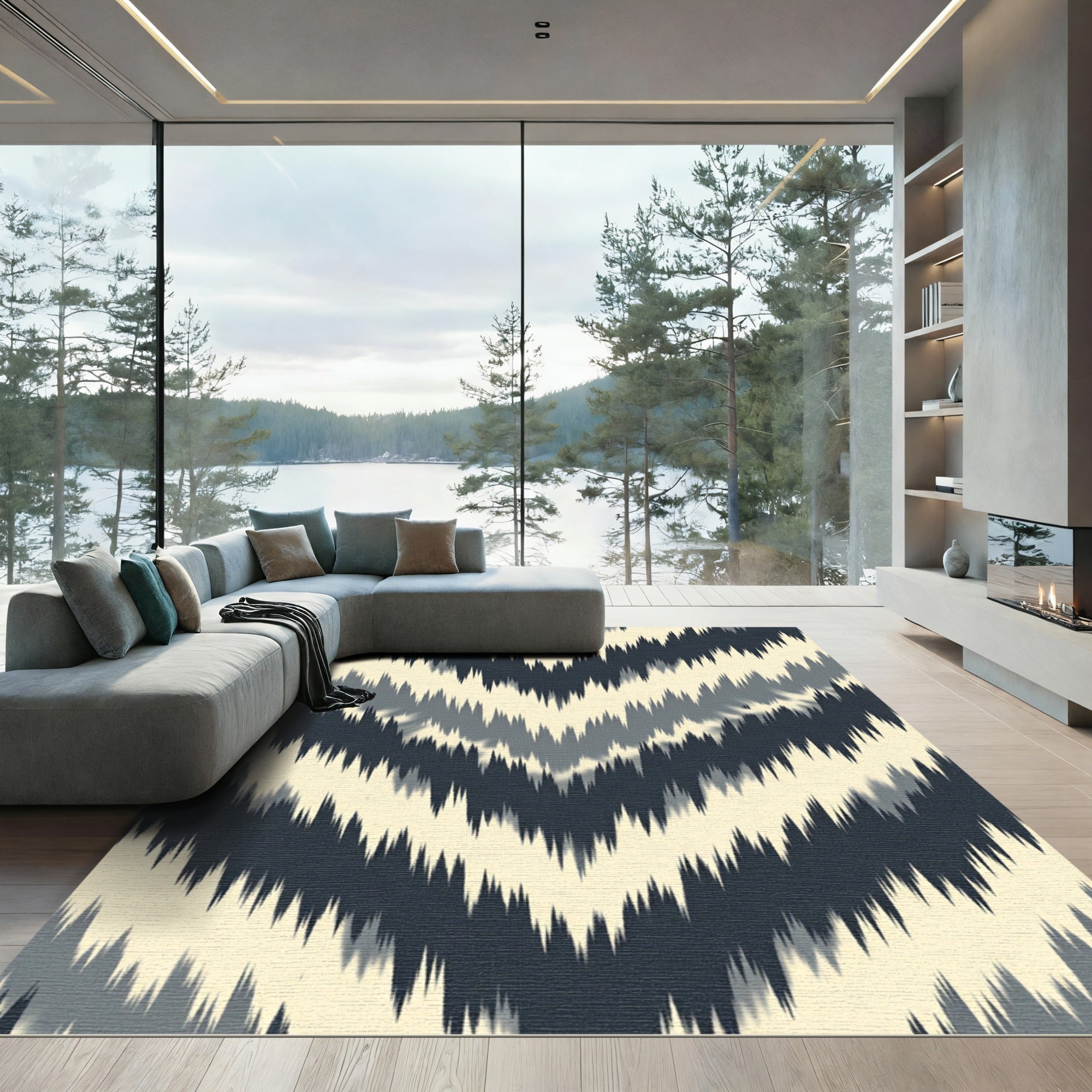 Charcoal and Cream Chevron Ikat Rug