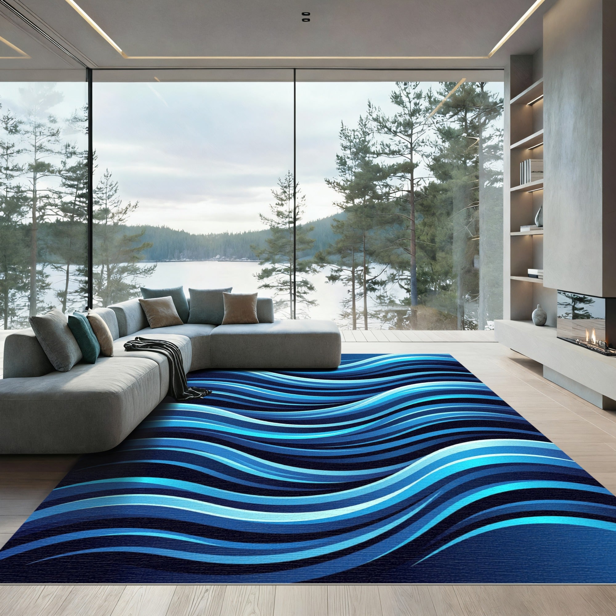 Luminous Blue Abstract Flowing Waves Rug