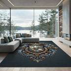 Ornate Blue and Gold Heraldic Crest Rug