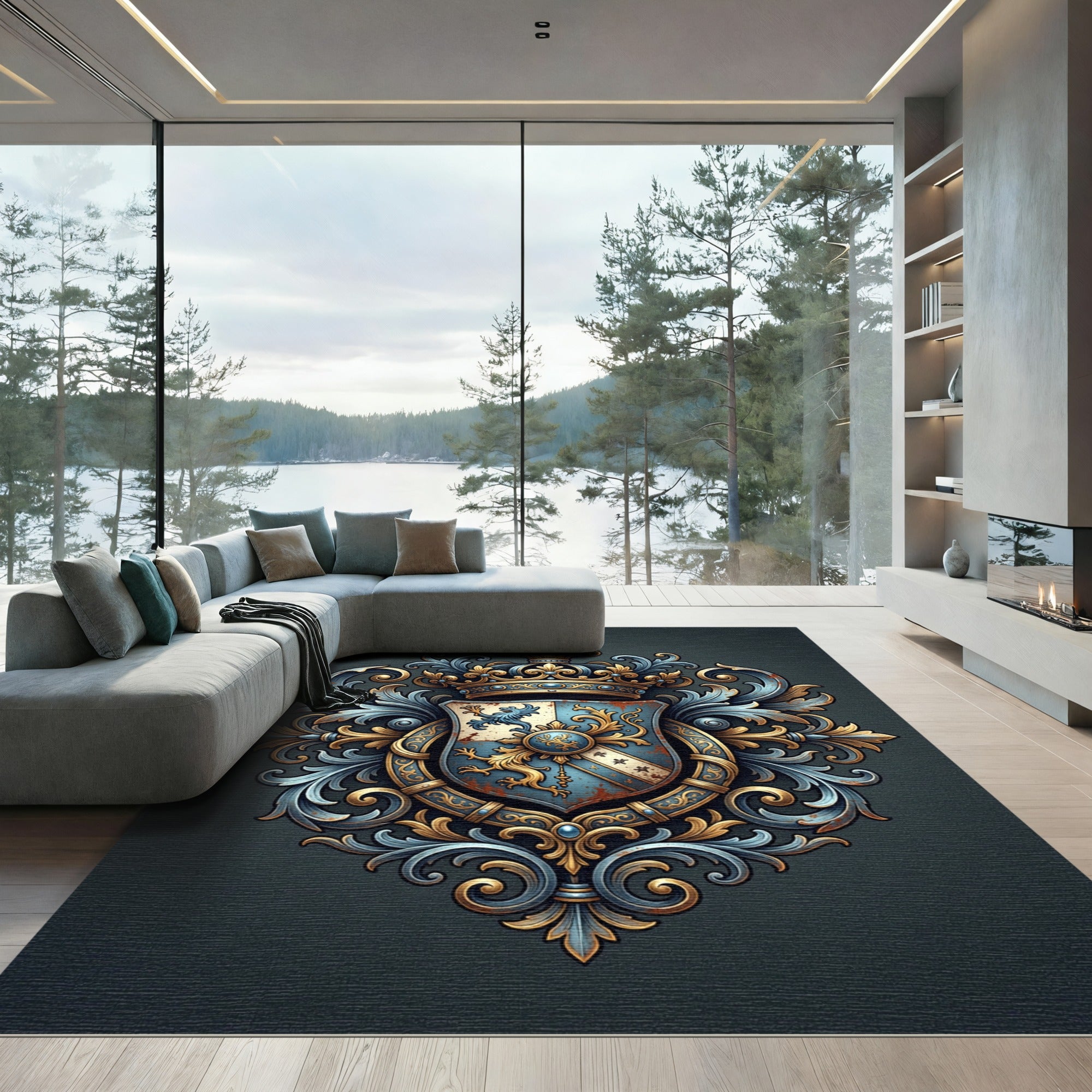 Ornate Blue and Gold Heraldic Crest Rug