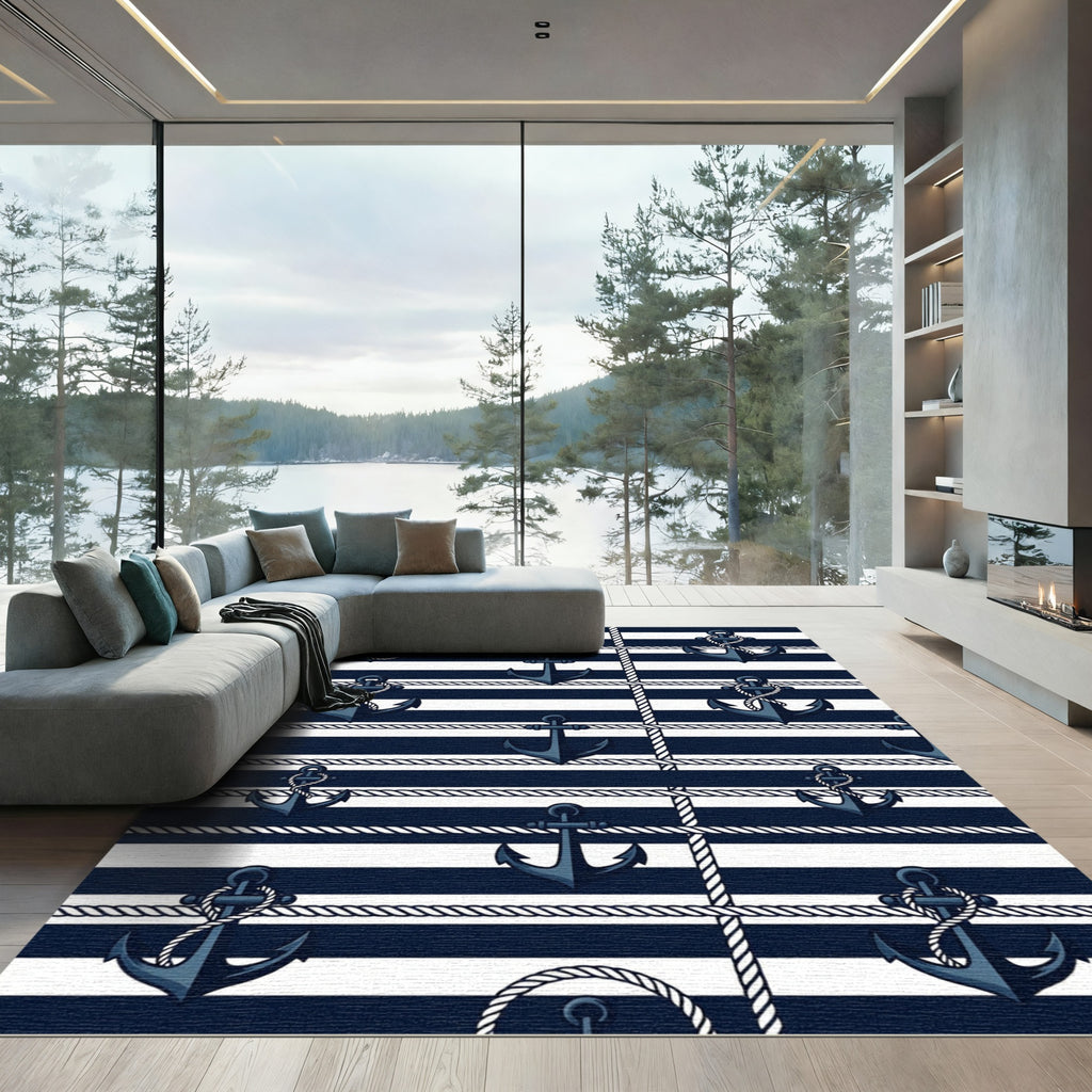 Nautical Navy Anchor Striped Rope Rug