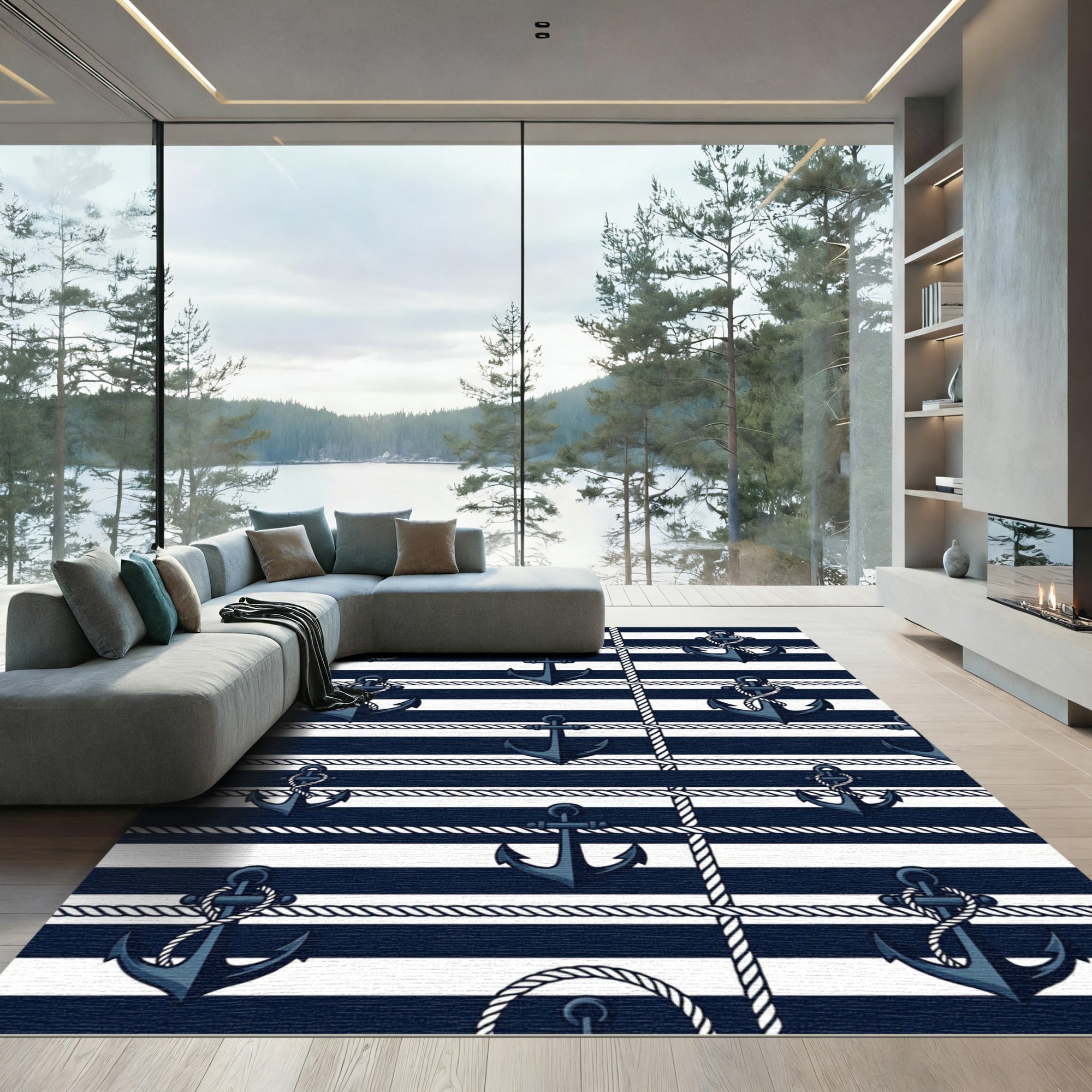 Nautical Navy Anchor Striped Rope Rug