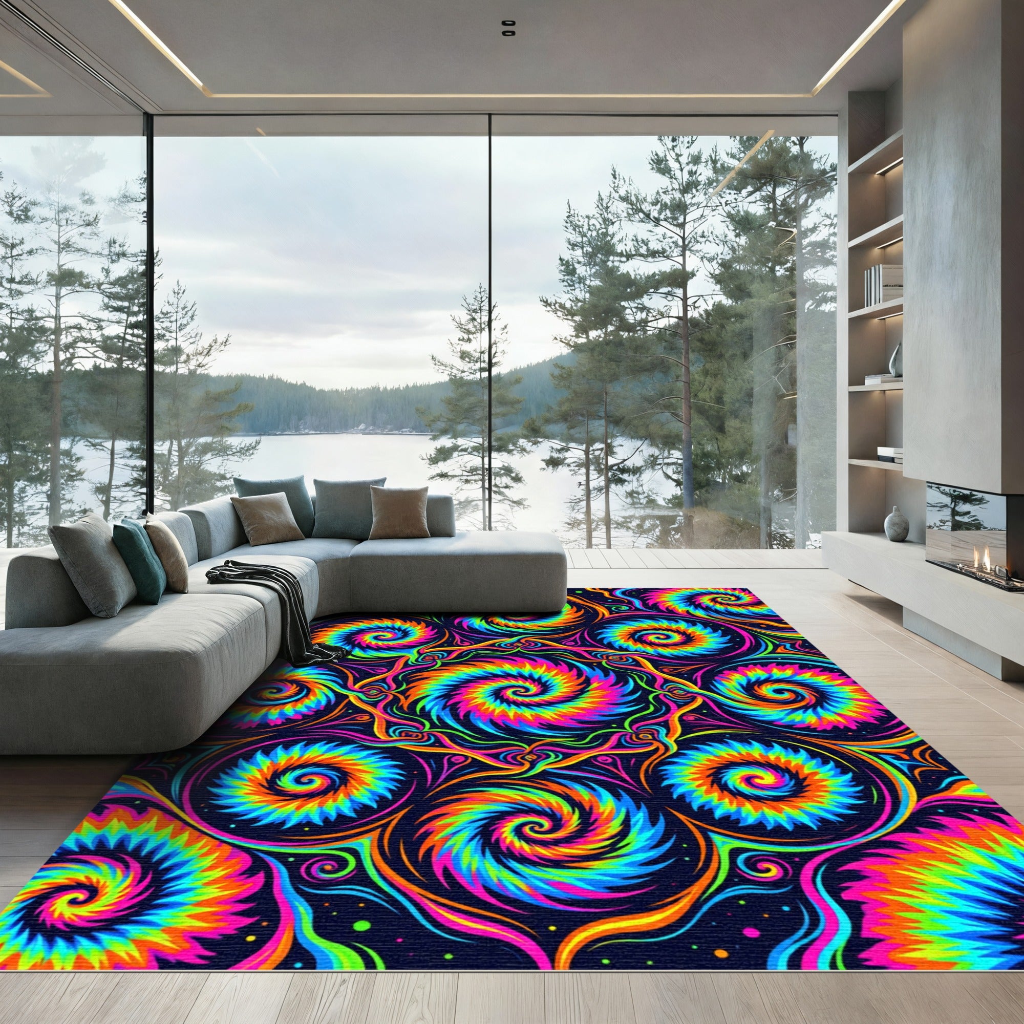 Vibrant Neon Psychedelic Swirl Kaleidoscope Rug