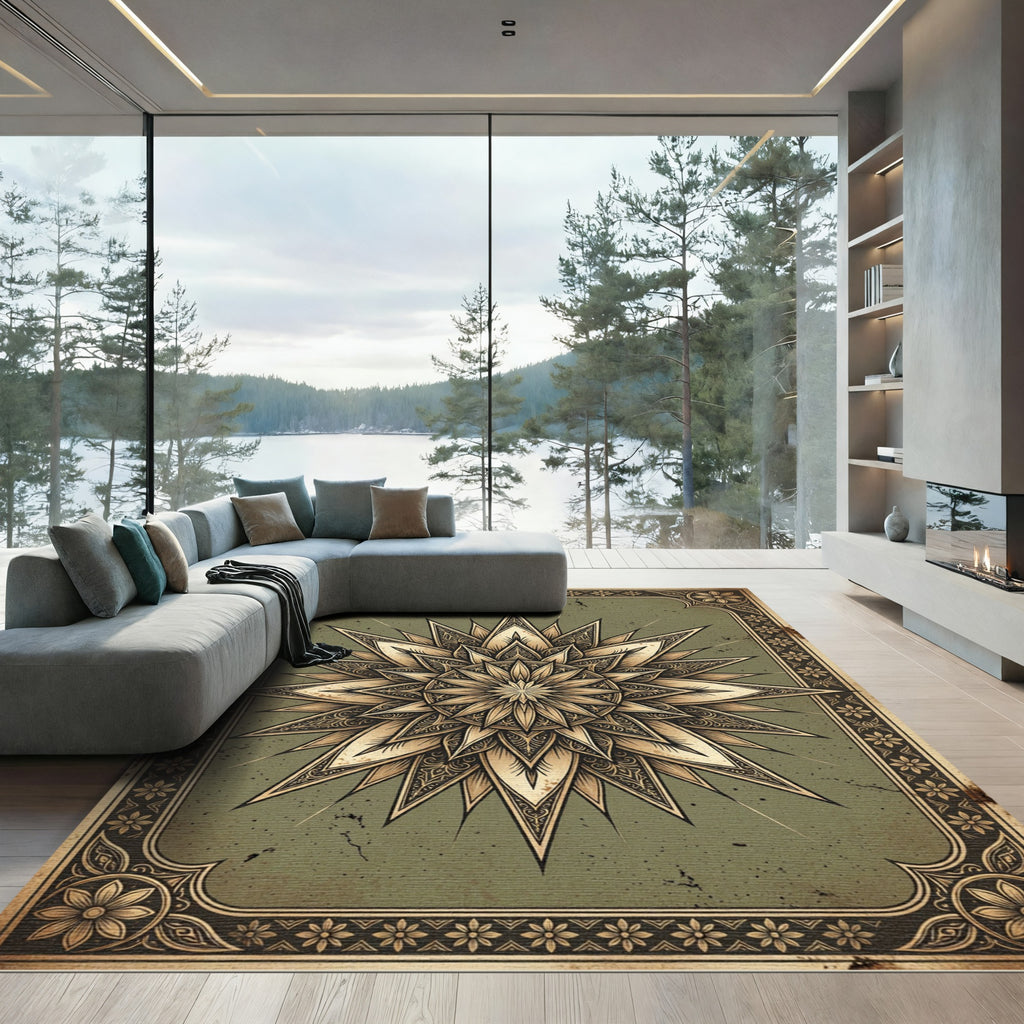 Ornate Sage Green Sunburst Medallion Rug