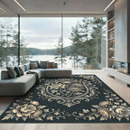 Elegant Charcoal Floral Crest Botanical Rug