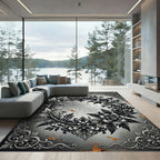 Monochromatic Ornate Baroque Floral Wreath Rug