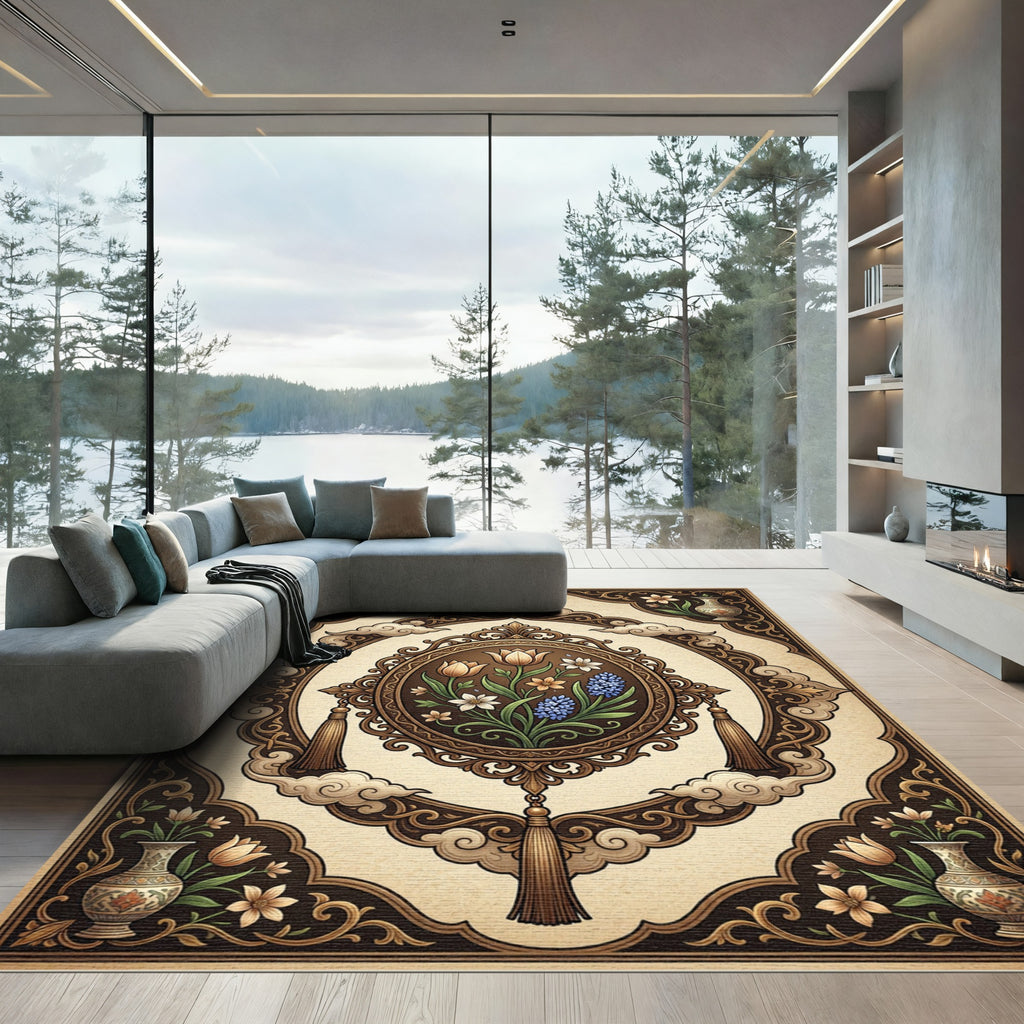 Ornate Earthy Floral Oval Medallion Rug