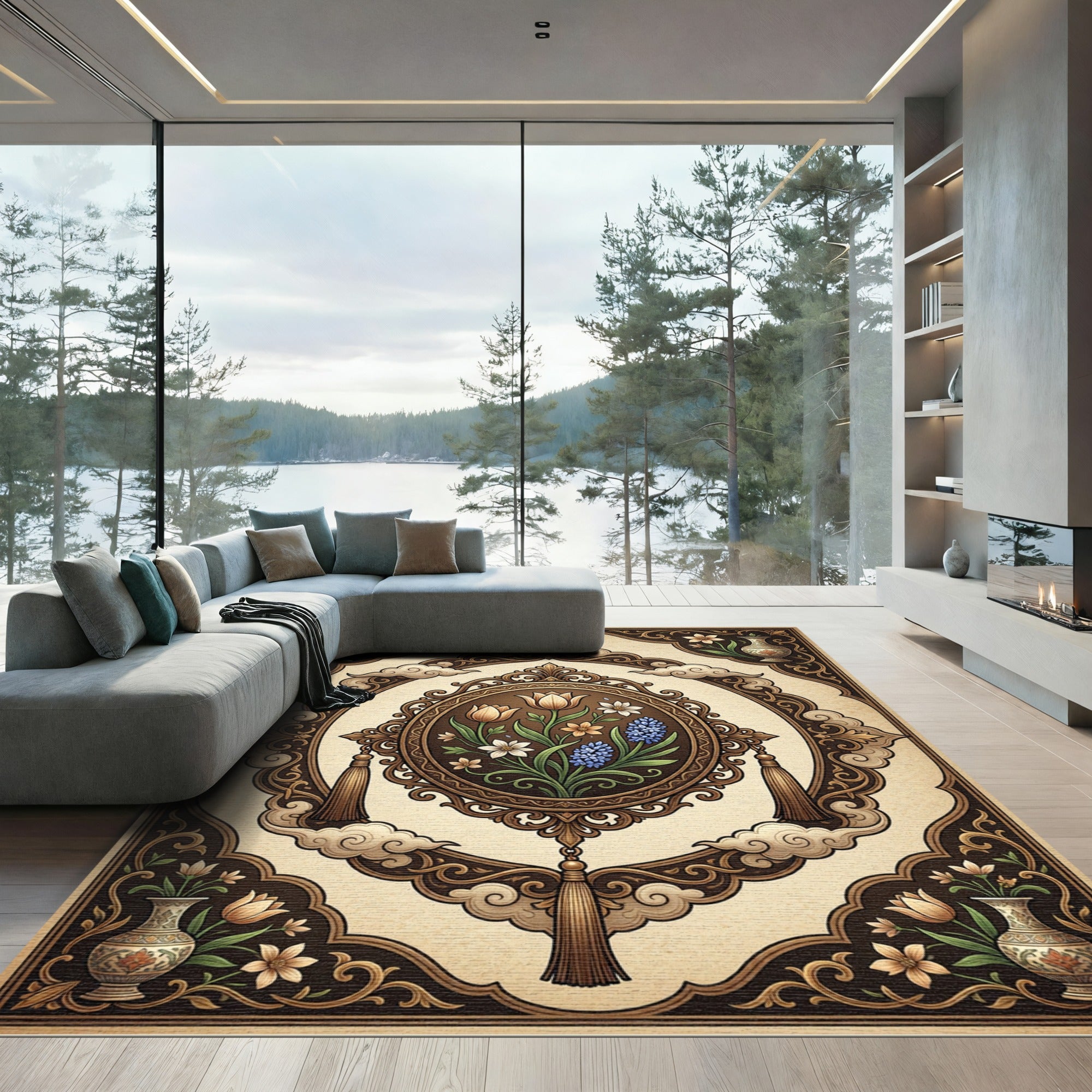 Ornate Earthy Floral Oval Medallion Rug