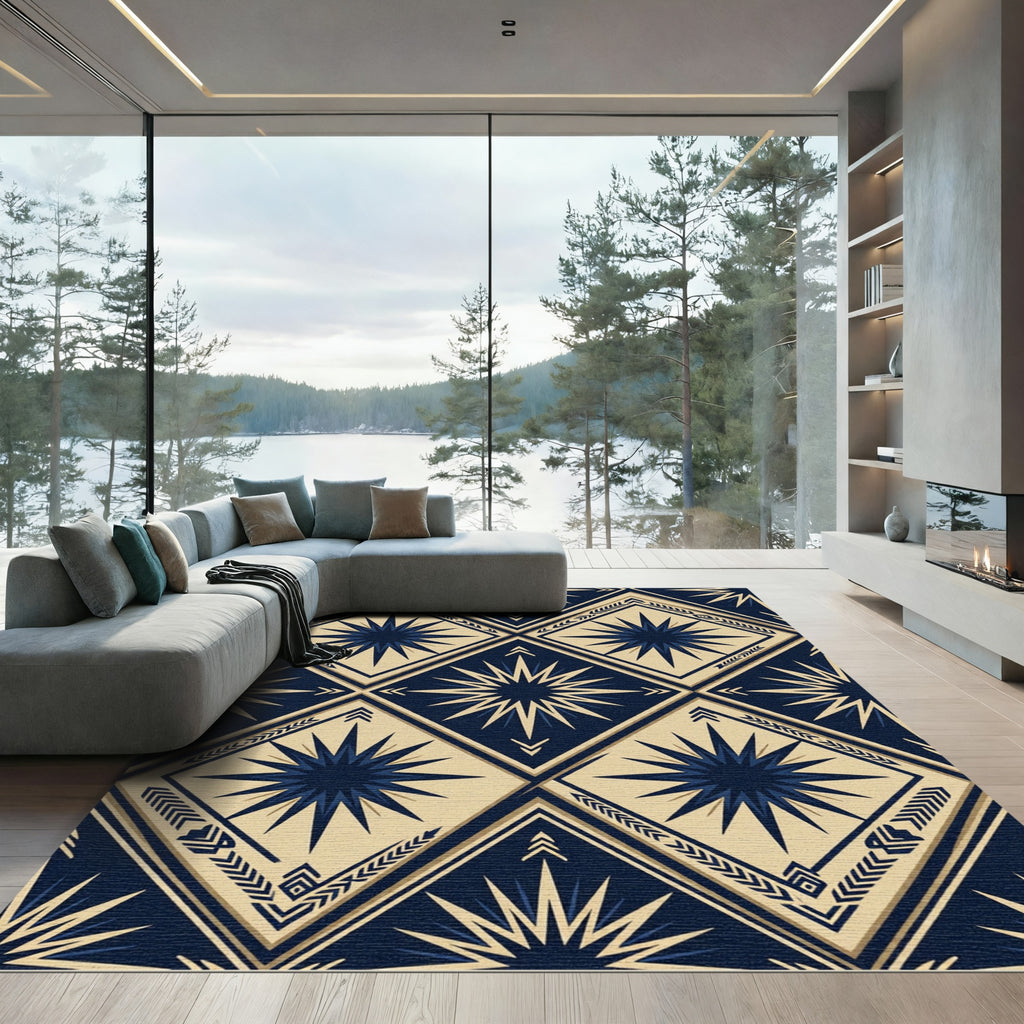 Deep Blue Starburst Diamond Geometric Rug