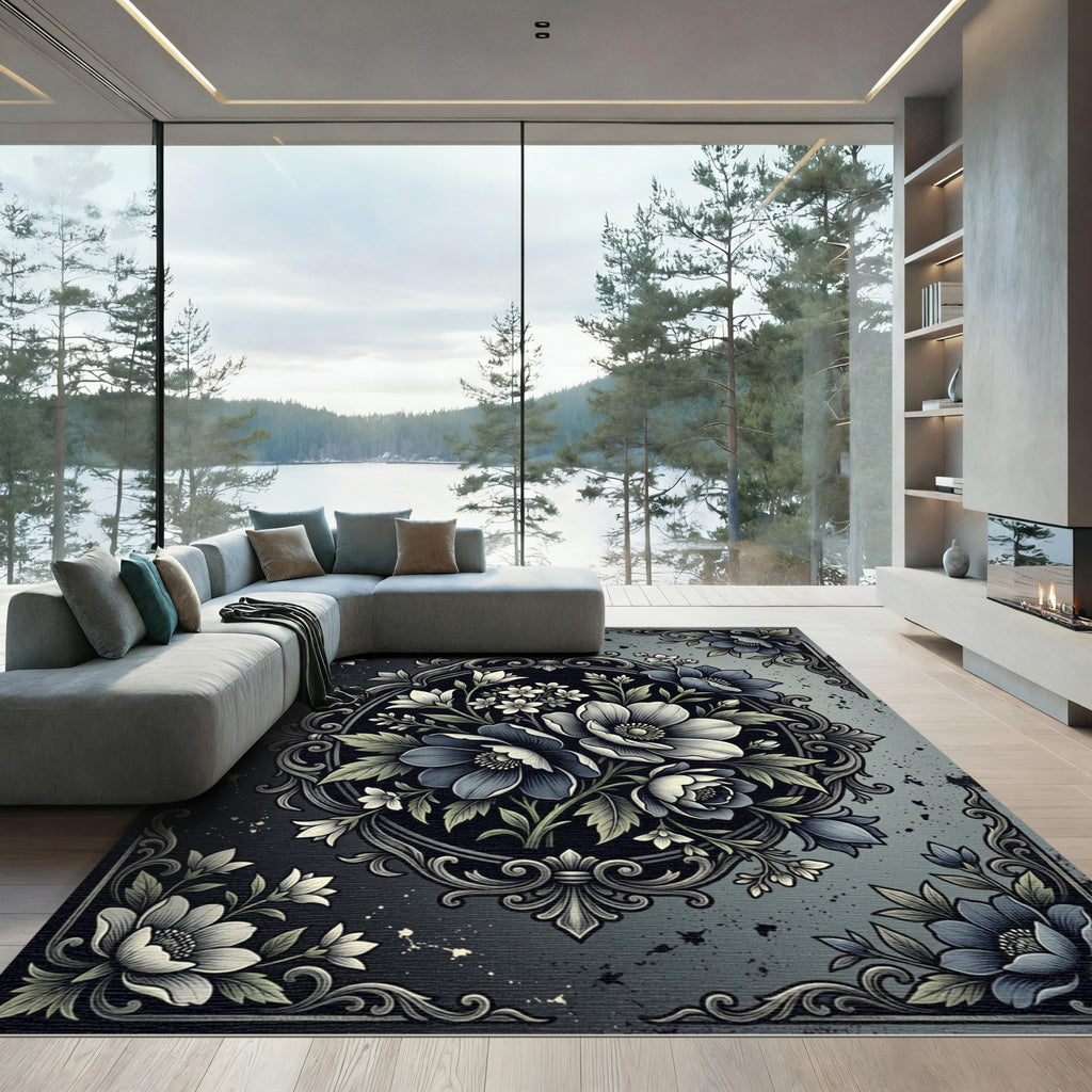 Dark Blue Gray Floral Medallion Rug