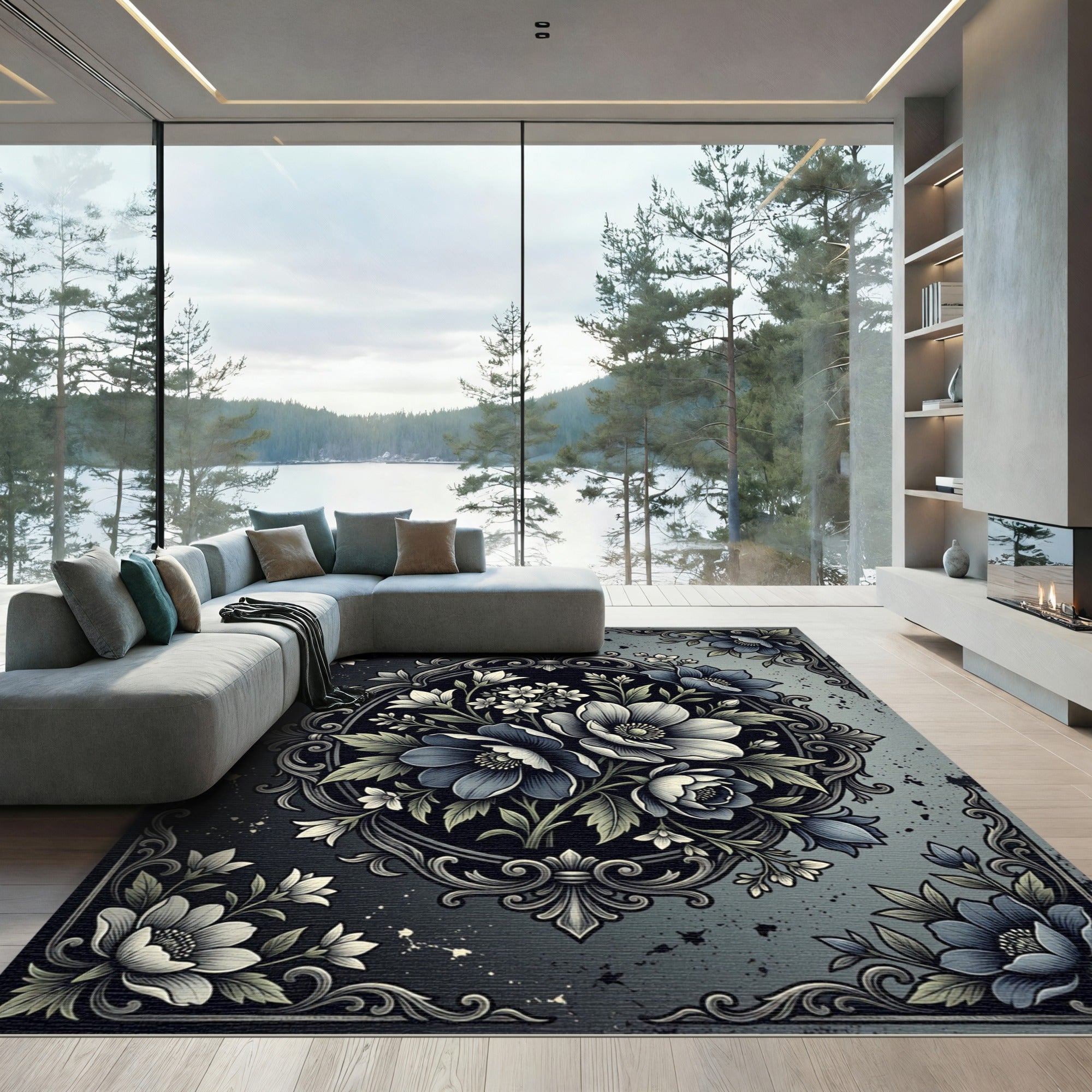Dark Blue Gray Floral Medallion Rug