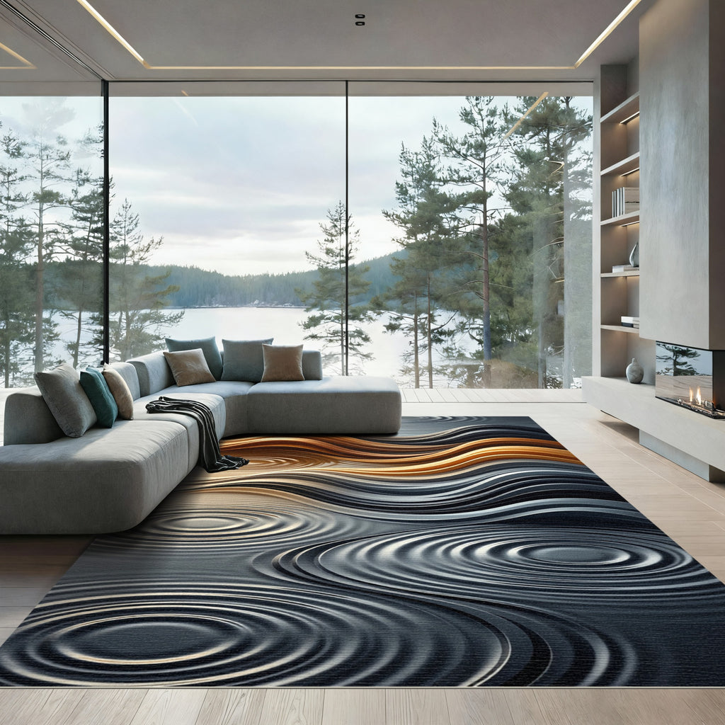 Earthy Golden Ripple Abstract Wave Rug