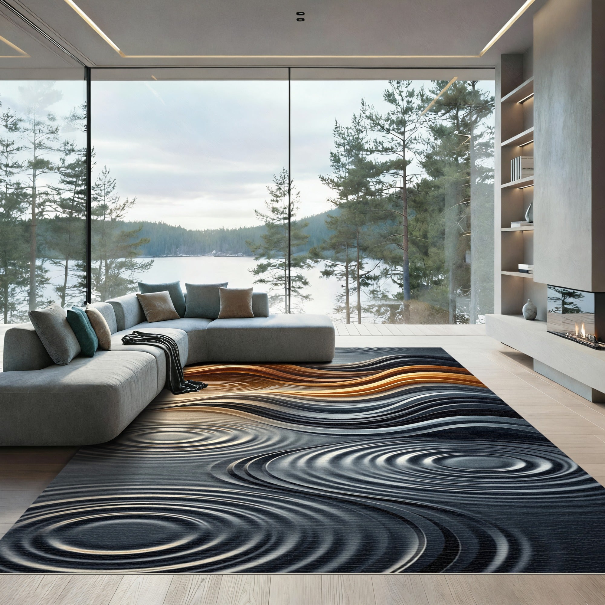 Earthy Golden Ripple Abstract Wave Rug