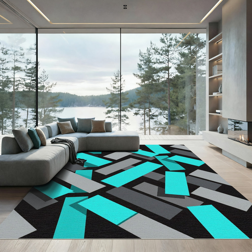 Modern Cyan Turquoise Gray Geometric Block Rug